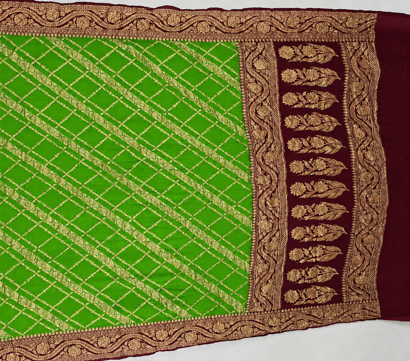 Parrot Green contrast with Wine - Pure Khaddi Chiffon Georgette Silk Banarasi Saree