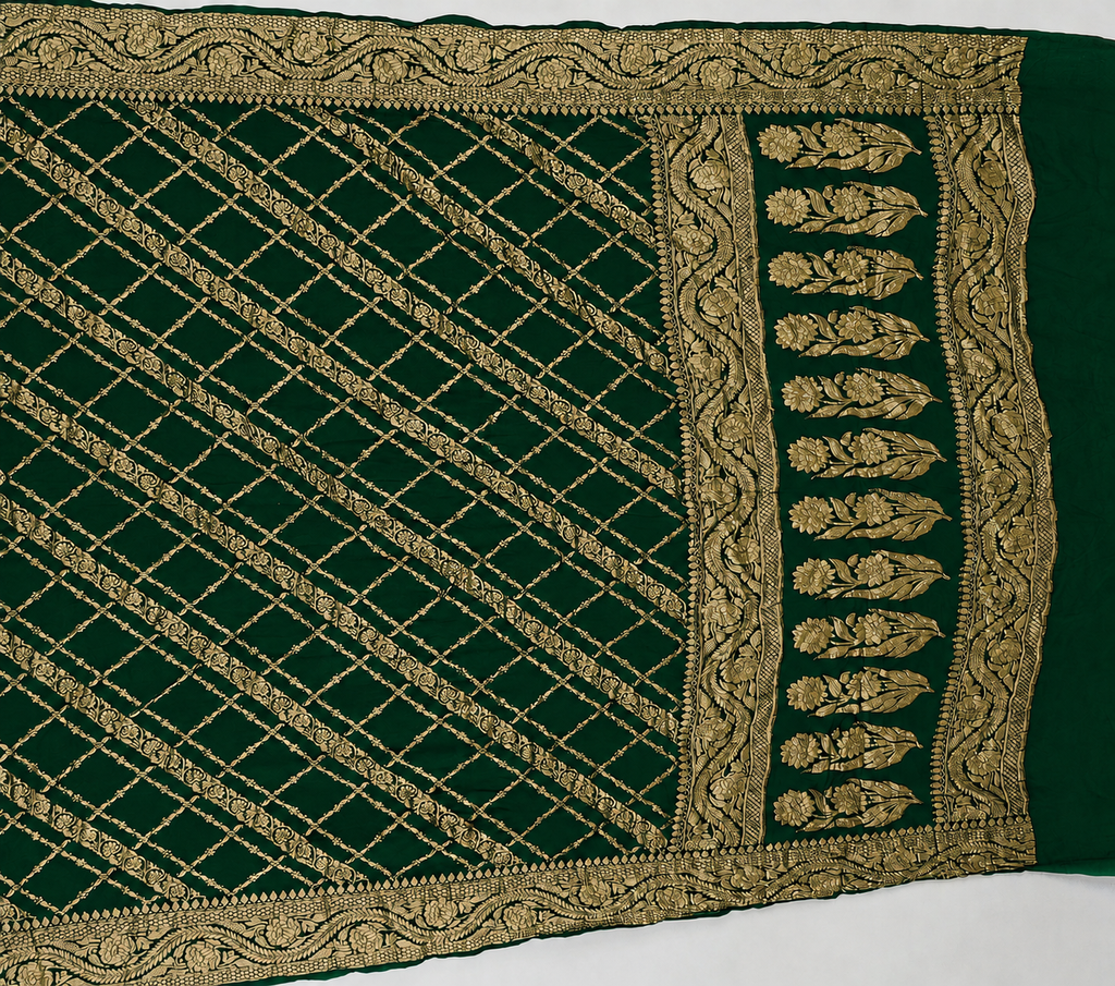 Bottle Green - Pure Khaddi Chiffon Georgette Silk Banarasi Saree