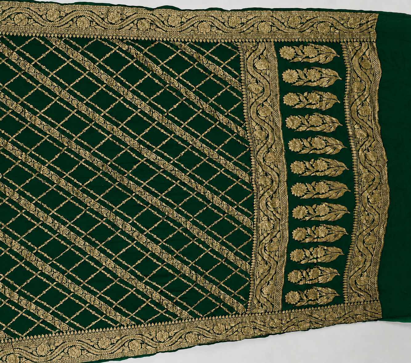 Bottle Green - Pure Khaddi Chiffon Georgette Silk Banarasi Saree