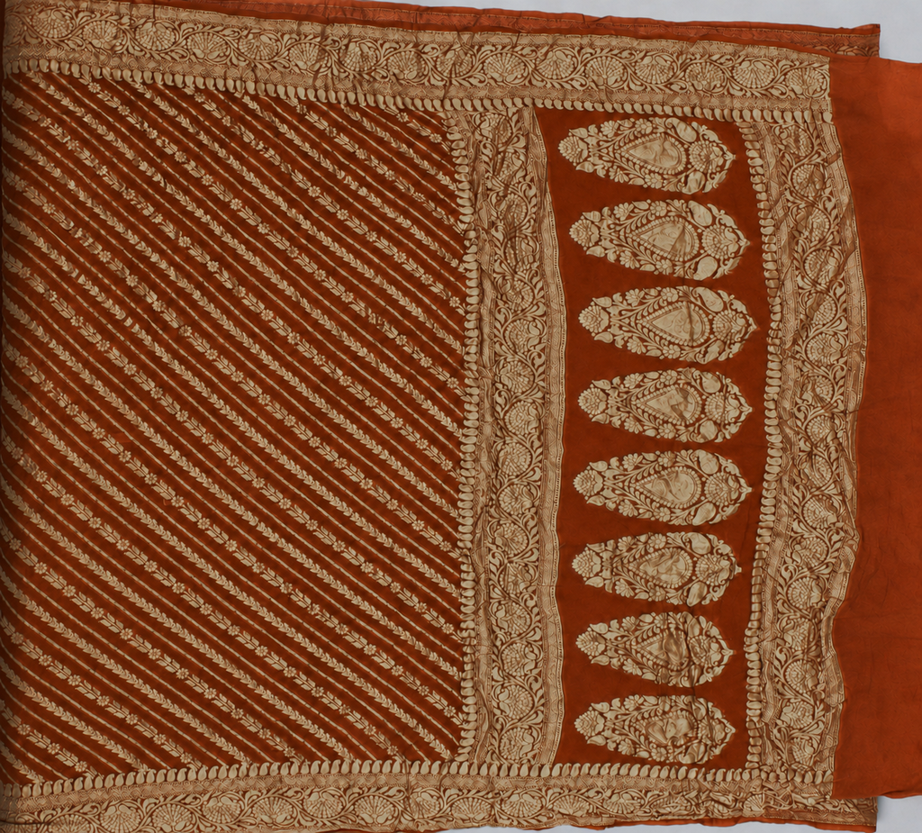 Rust Orange - Pure Khaddi Chiffon Georgette Silk Banarasi Saree