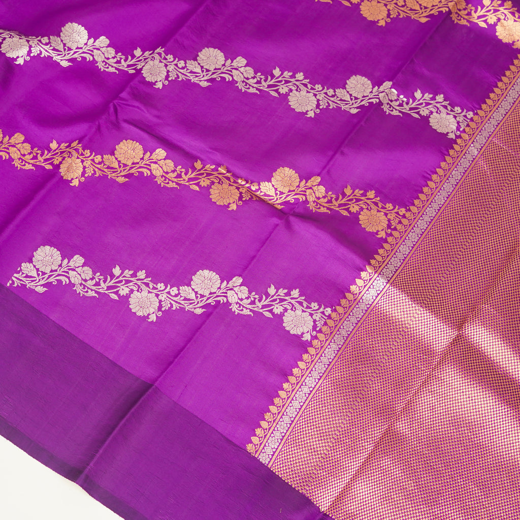 Purple - Pure Raw Mango Banarasi Saree with Golden and silver Boota Motifs
