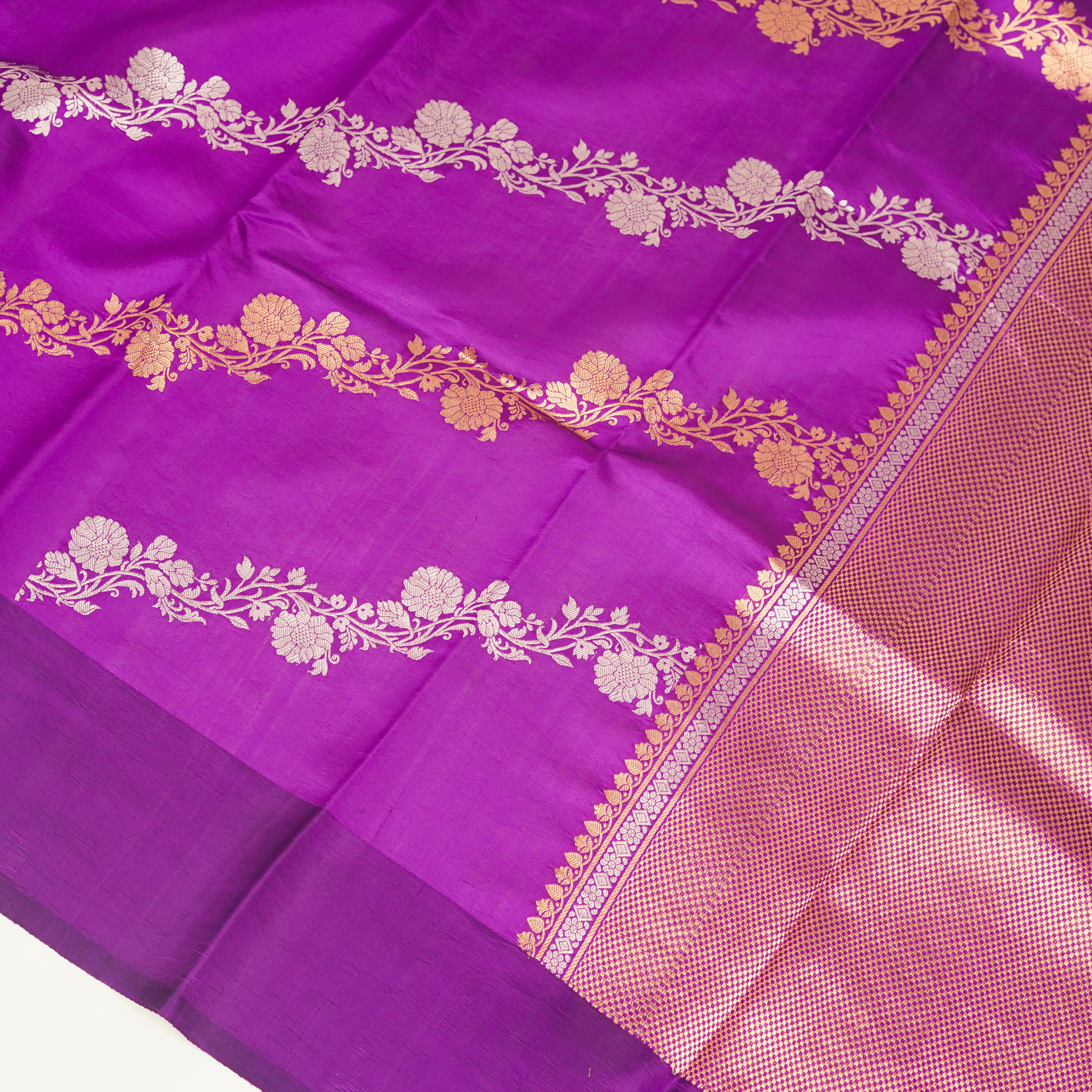 Purple - Pure Raw Mango Banarasi Saree with Golden and silver Boota Motifs