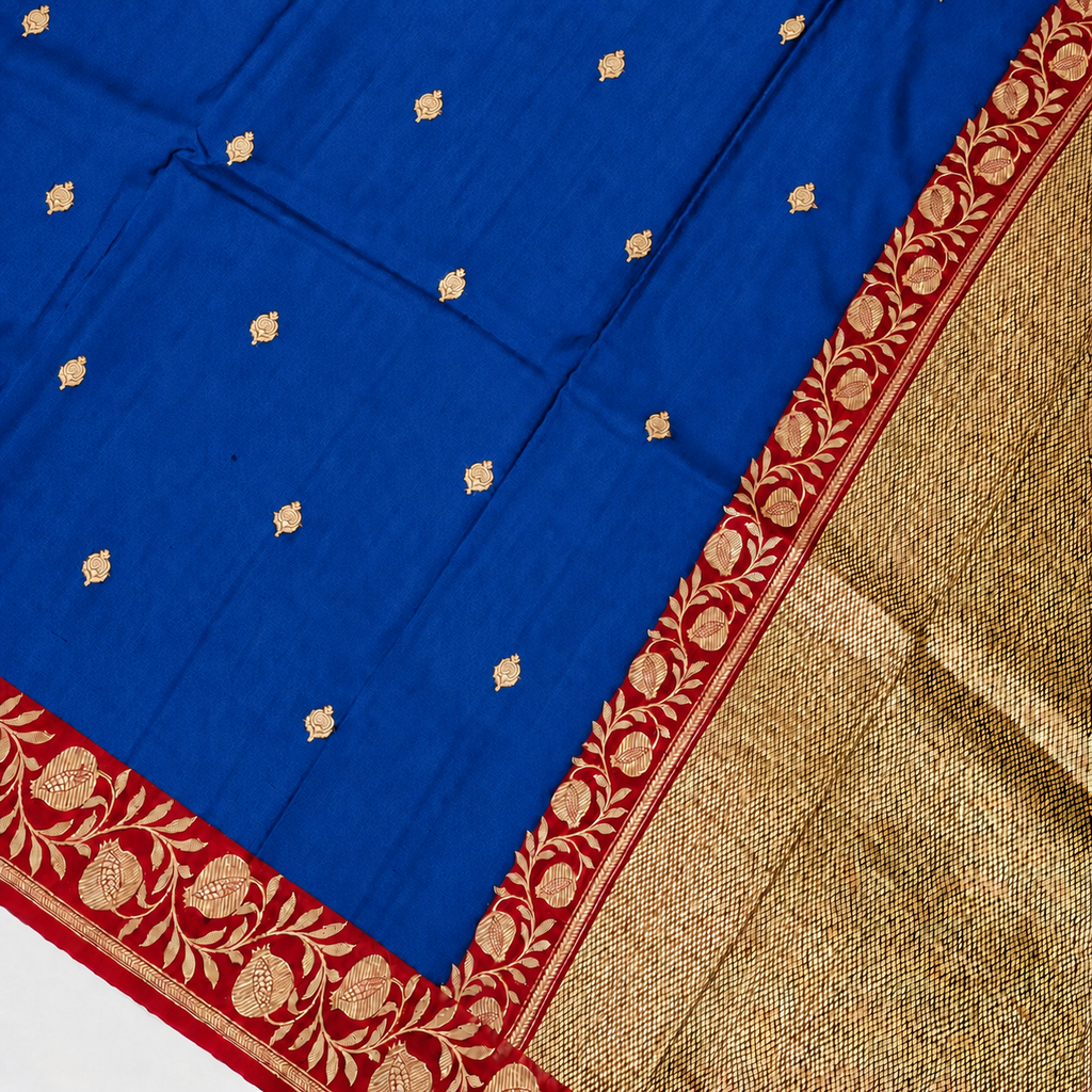 Magnetic Blue contrast with Red  - Pure Raw Mango Banarasi Saree