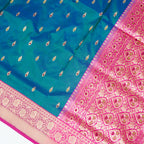 German Blue contrast with Pink - Pure Soft premium Katan Silk Banarasi Saree with Alfi small Booti and contrast Satin Border
