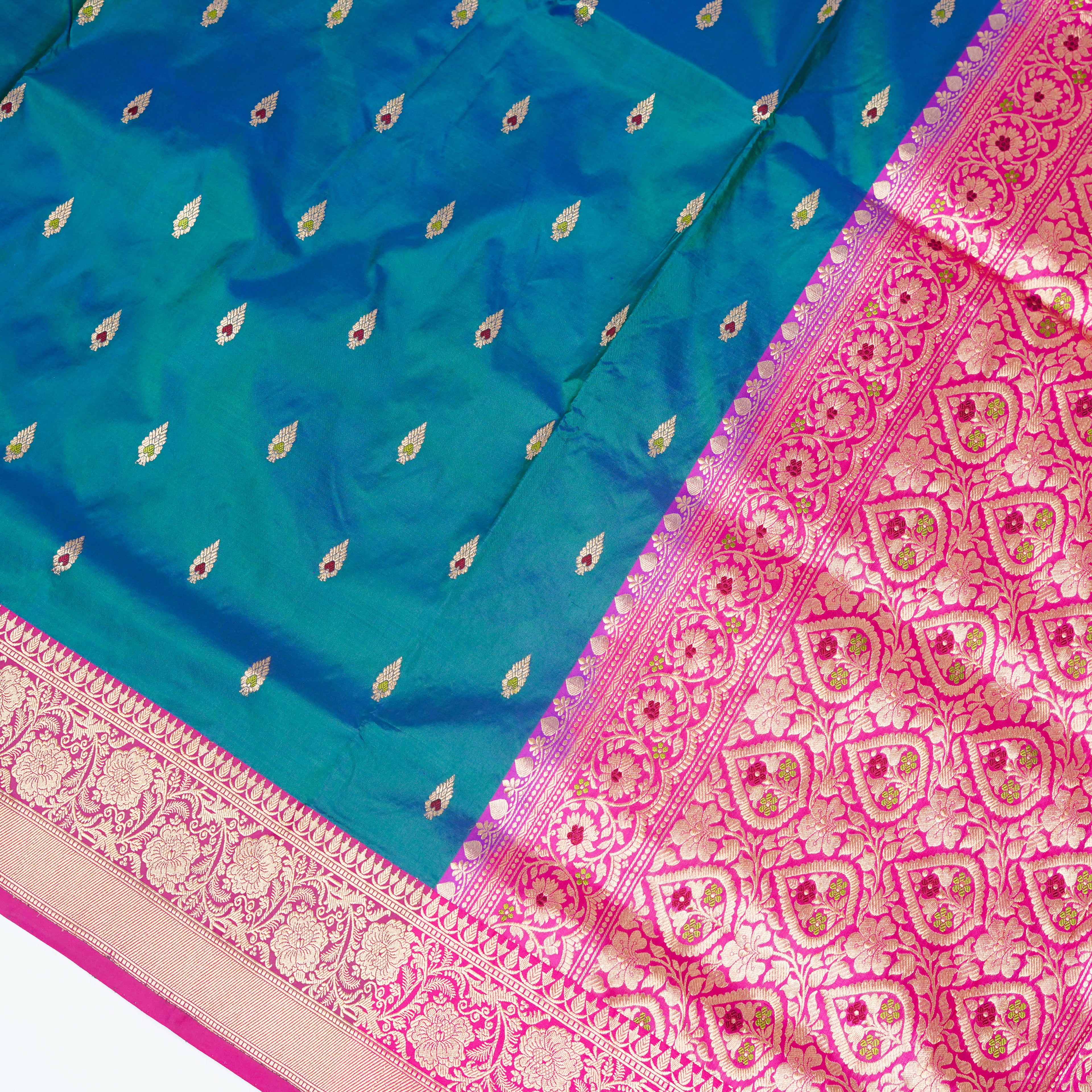 German Blue contrast with Pink - Pure Soft premium Katan Silk Banarasi Saree with Alfi small Booti and contrast Satin Border