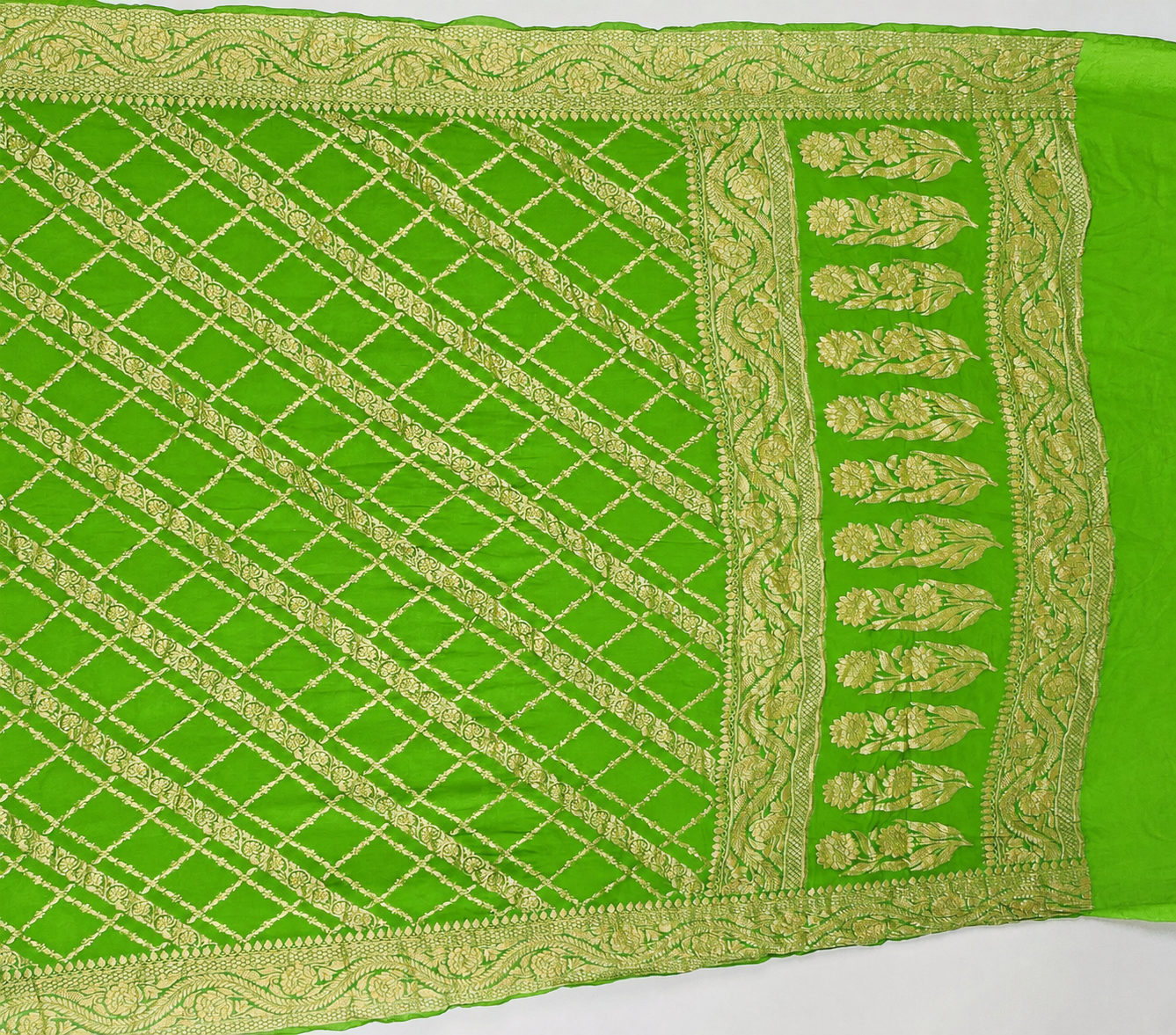 Parrot Green - Pure Khaddi Chiffon Georgette Silk Banarasi Saree