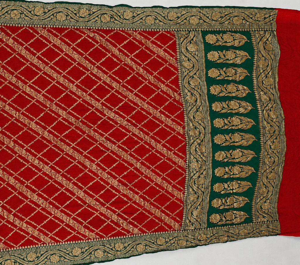 Classic Red contrast with Deep Green- Pure Khaddi Chiffon Georgette Silk Banarasi Saree