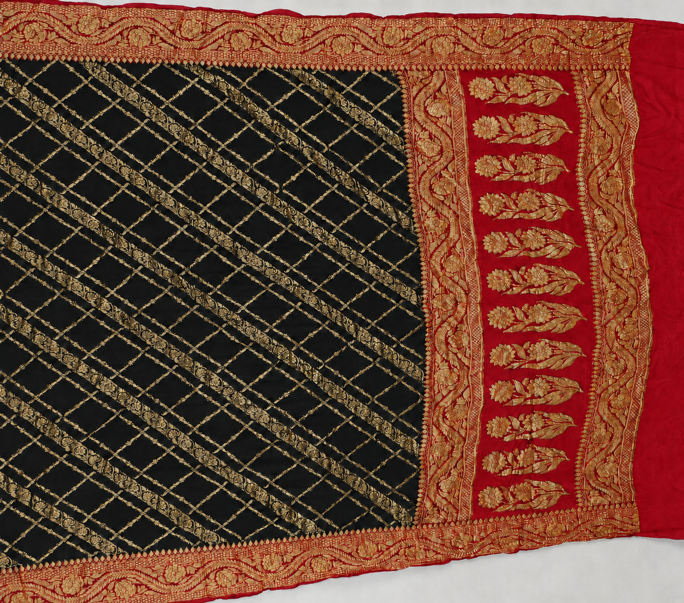 Black contrast with Classic Red - Pure Khaddi Chiffon Georgette Silk Banarasi Saree