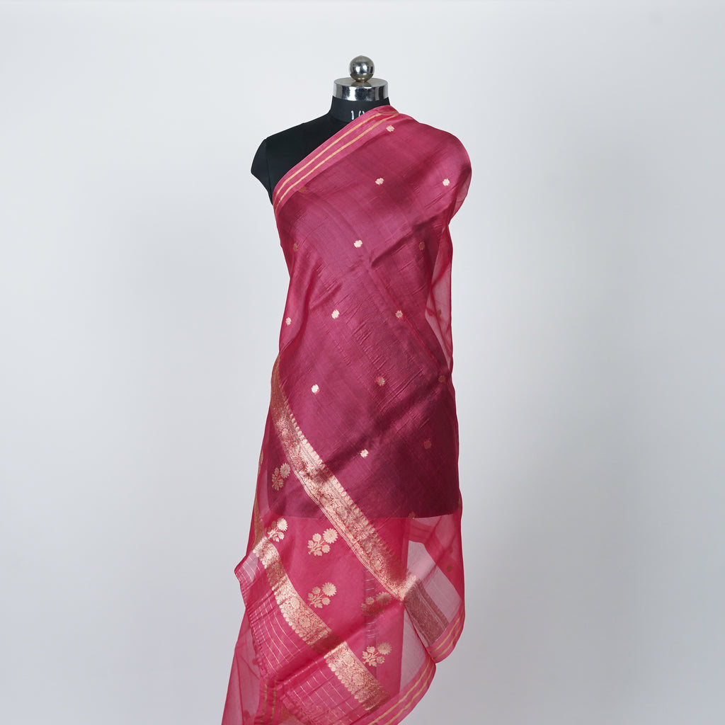 Teal Green Banarasi Handloom Luxury Suit set contrast with cherry pink color.