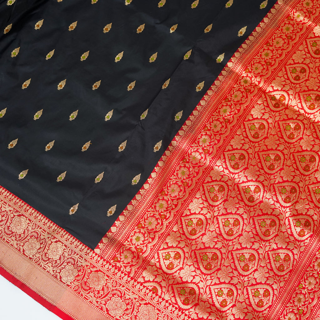 Black contrast with Red - Pure Soft premium Katan Silk Banarasi Saree with Alfi small Booti and contrast Satin Border