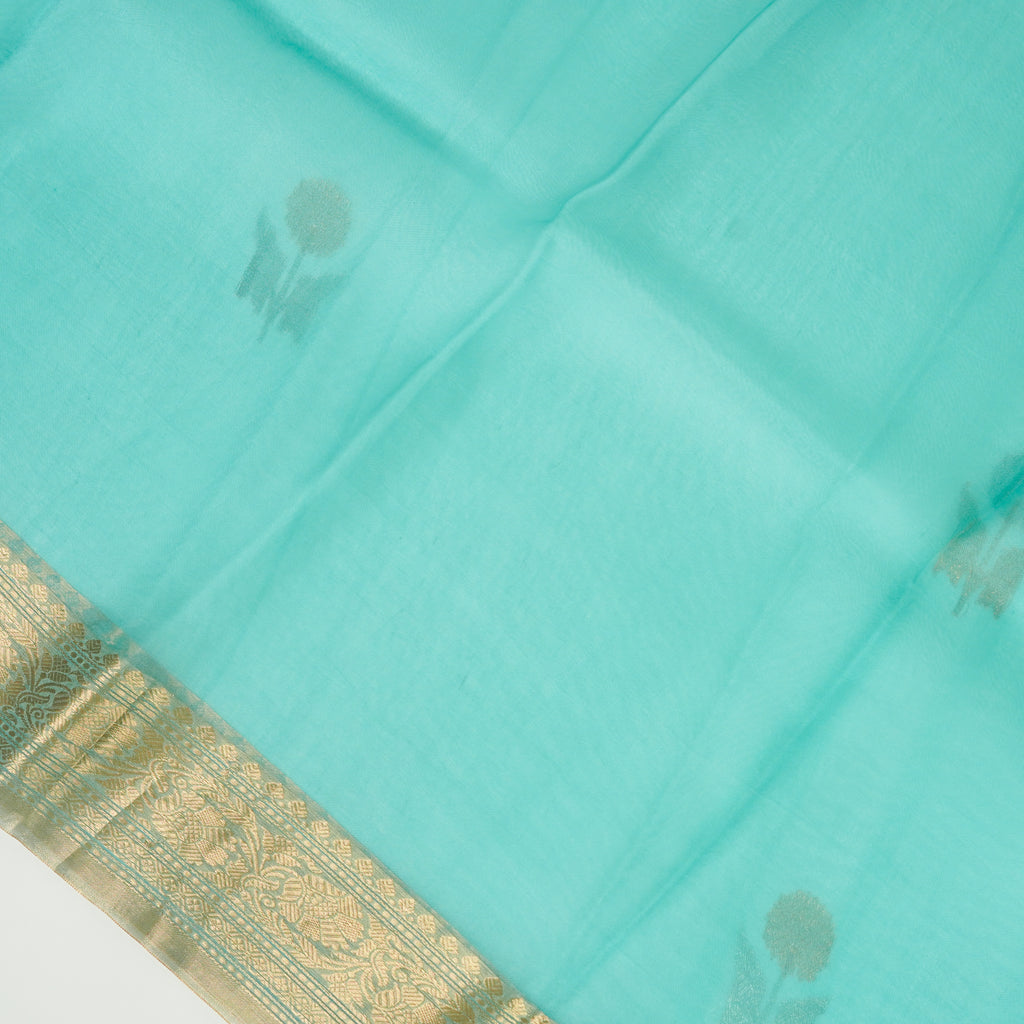 Aqua Teal Blue - Pure Organza Silk Banarasi Saree with Alfi Boota