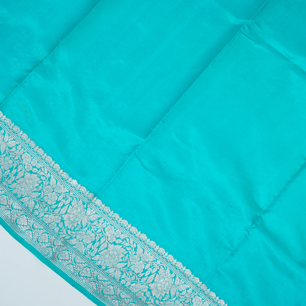 Aqua Green - Pure Raw Mango Banarasi Saree with Silver Zari and Skirt Border Design