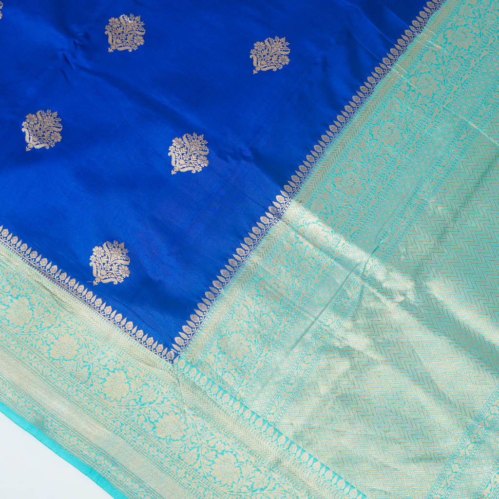 Navy Blue Contrast with lavender border - Pure Raw Mango Banarasi Saree with Golden Boota Motifs