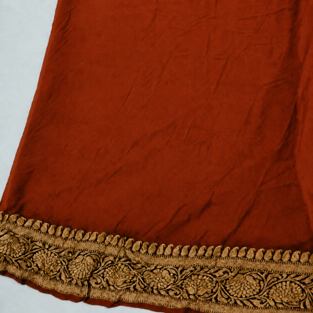 Rust Orange - Pure Khaddi Chiffon Georgette Silk Banarasi Saree