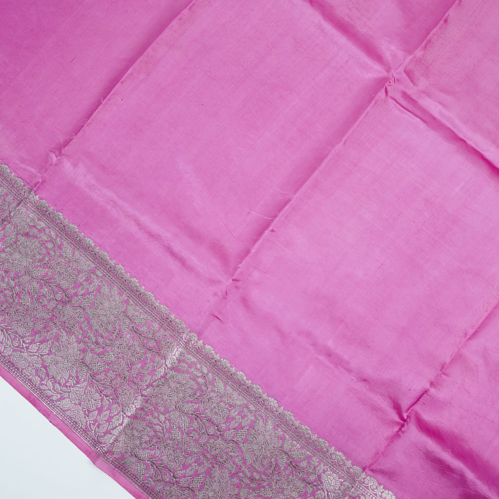 Pink - Pure Raw Mango Banarasi Saree with Silver Zari and Skirt Border Design