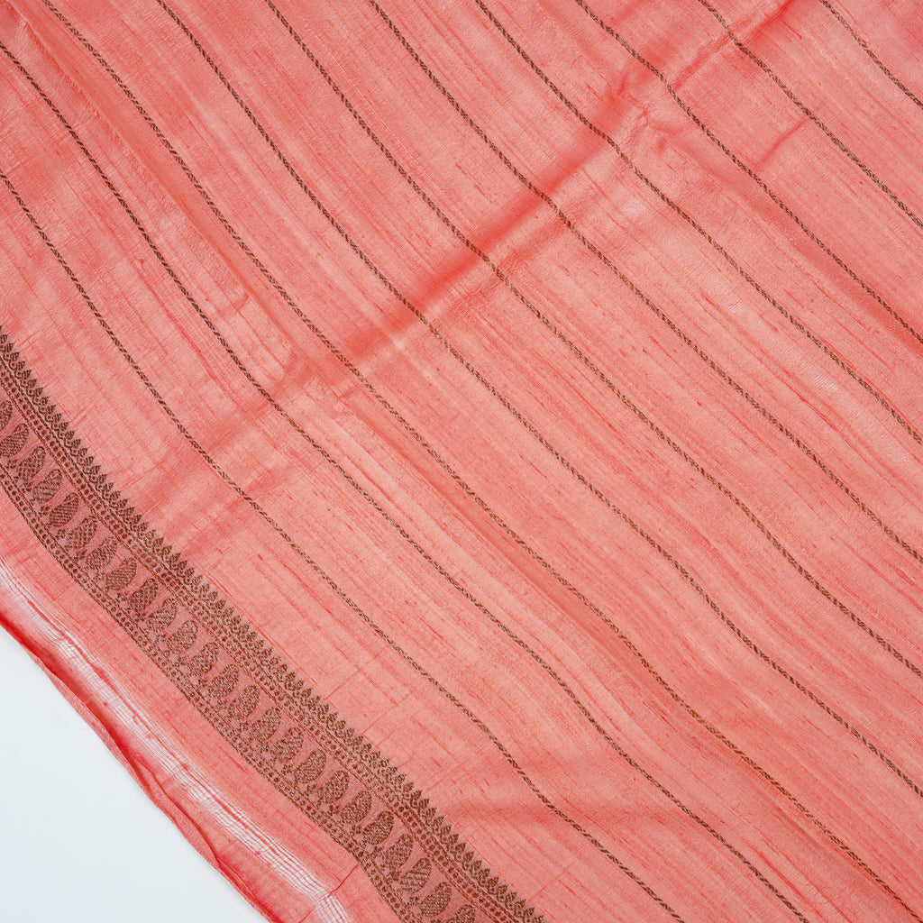 Peach  - Pure Matka Silk Banarasi Saree with neem zari Boota intricated with red and pink meena