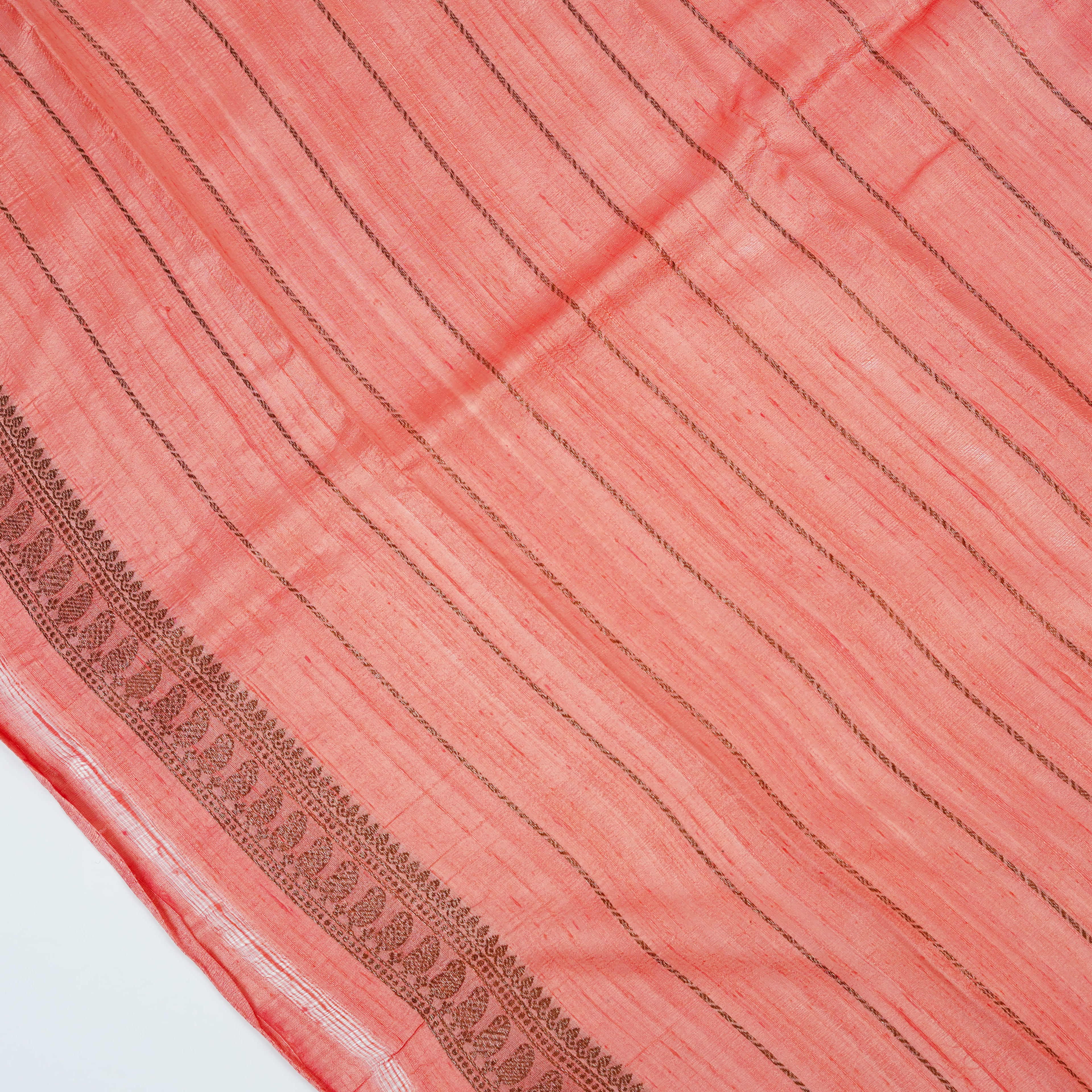 Peach  - Pure Matka Silk Banarasi Saree with neem zari Boota intricated with red and pink meena