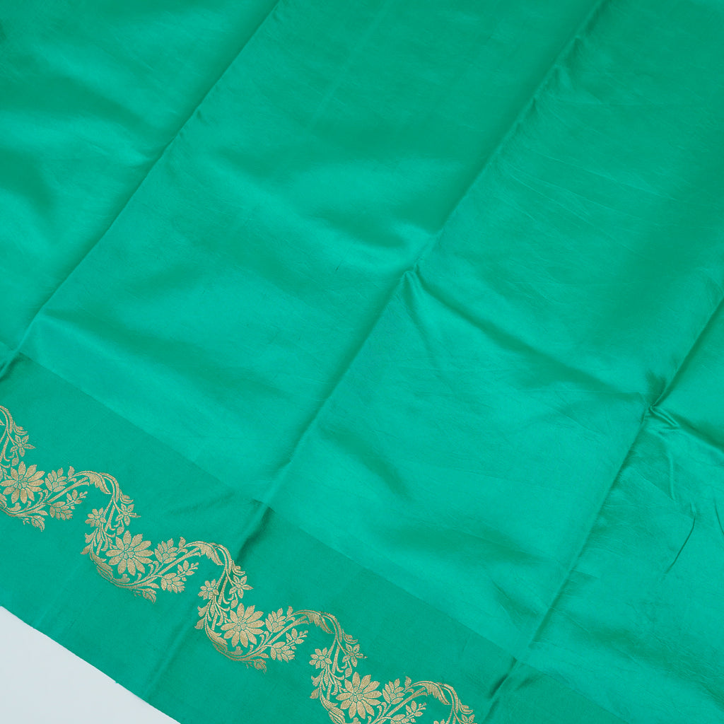 Green - Pure Raw Mango Banarasi Saree with Golden Boota Motifs and Laheria Design at Satin Border