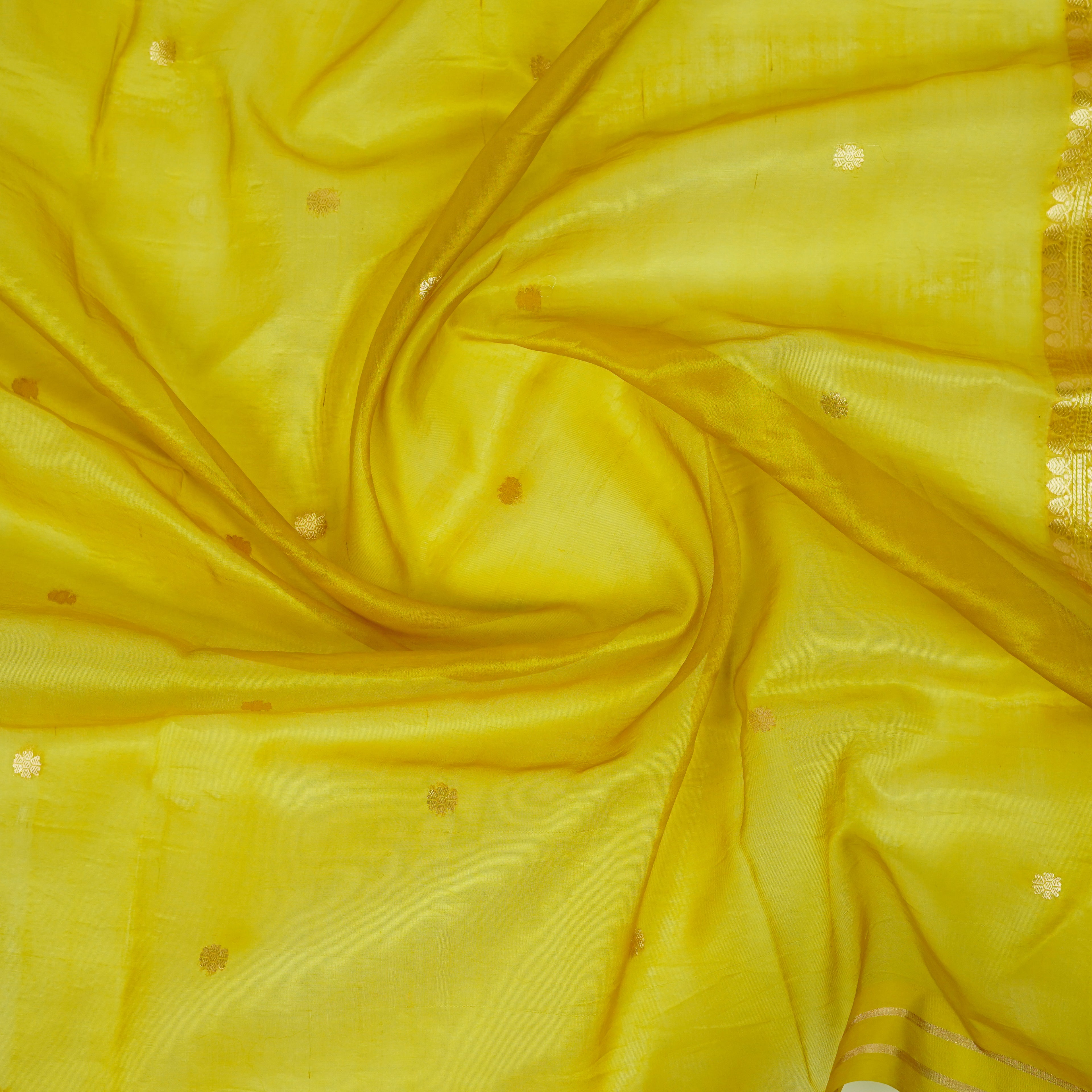Yellow Banarasi Handloom Luxury Suit set contrast with golden yellow color.