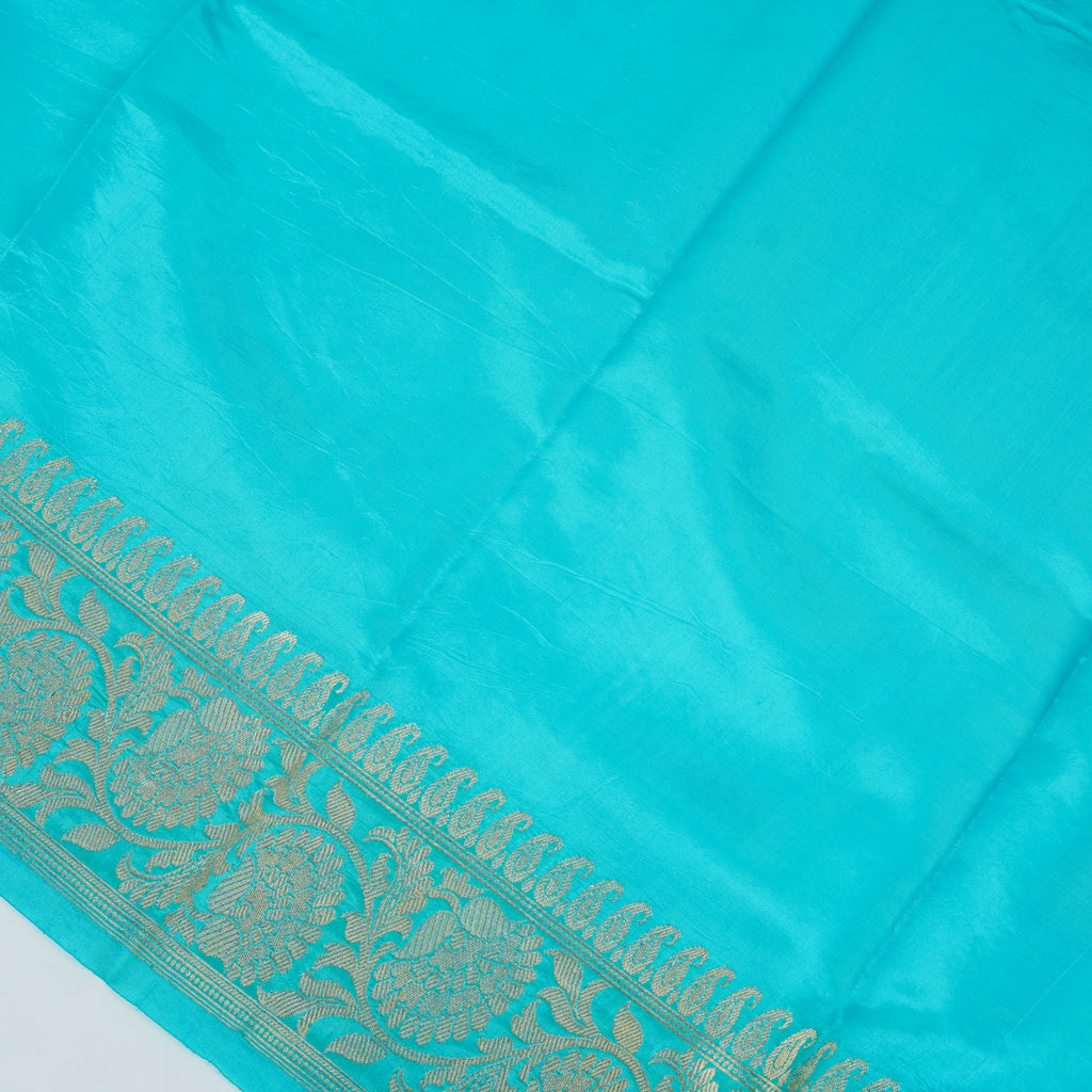 Dark Rama Contrast with Sea Green - Pure Raw Mango Banarasi Saree with Golden and silver Boota Motifs