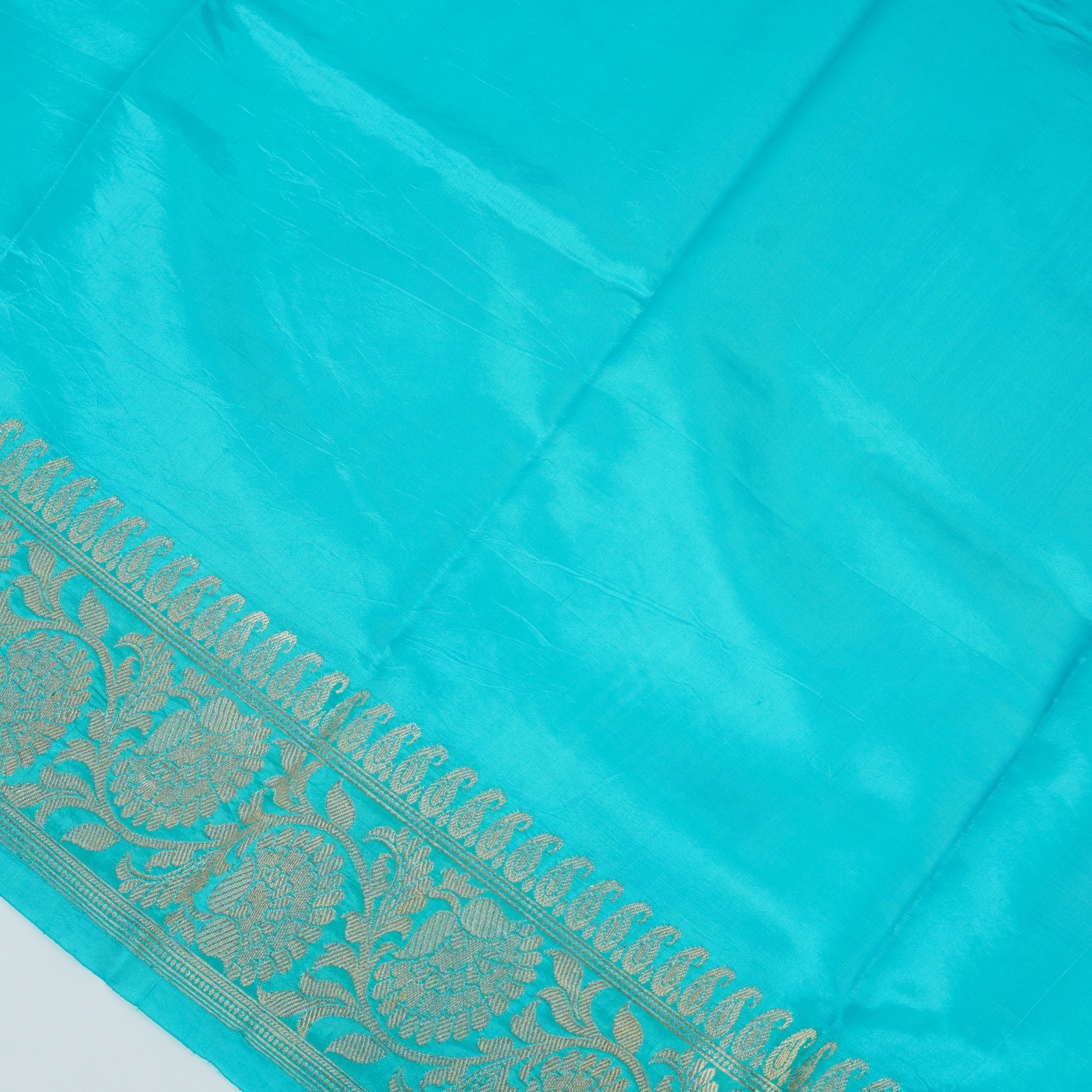 Dark Rama Contrast with Sea Green - Pure Raw Mango Banarasi Saree with Golden and silver Boota Motifs