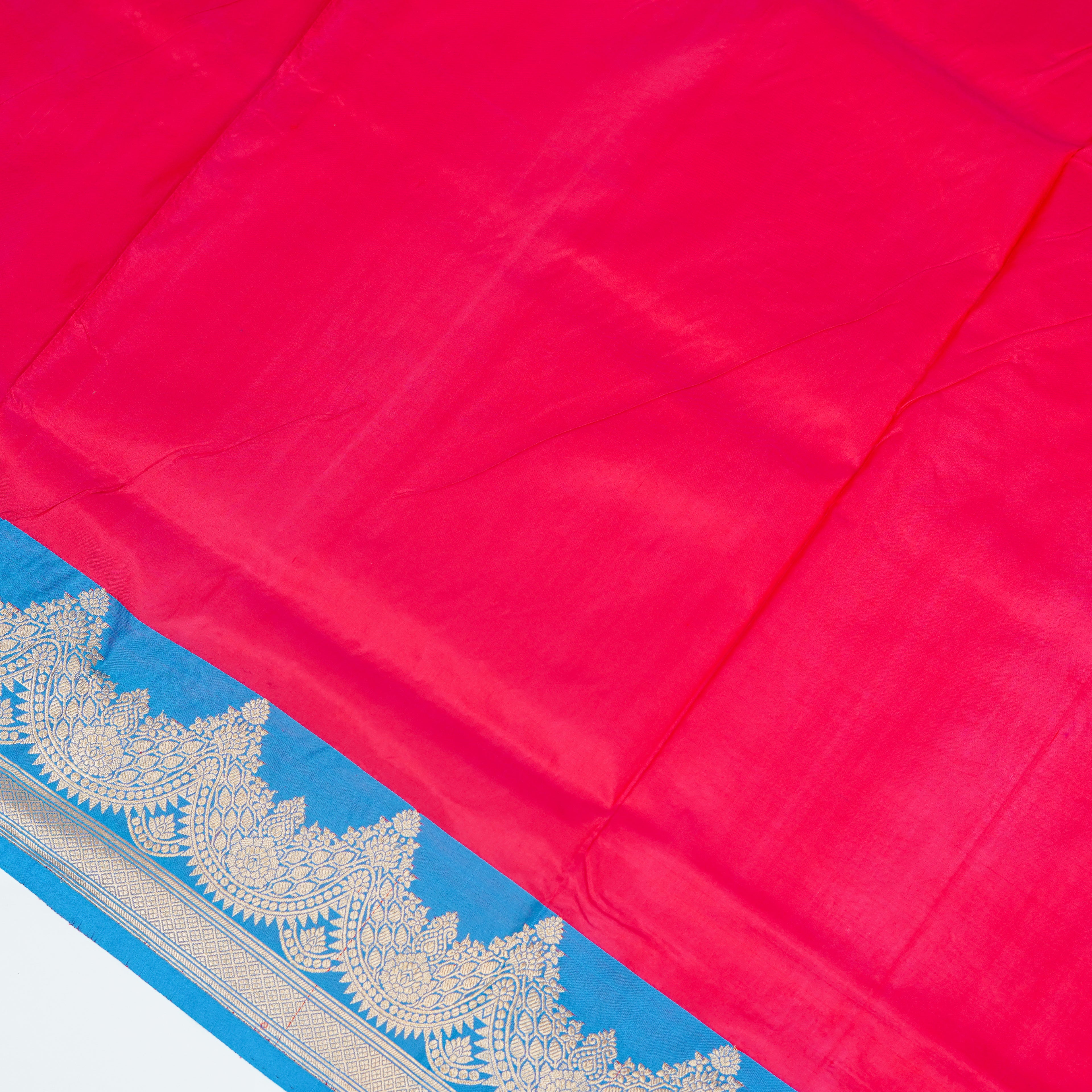 Red contrast with Blue - Pure Soft premium Katan Silk Banarasi Saree with Alfi small Booti and contrast Satin Border