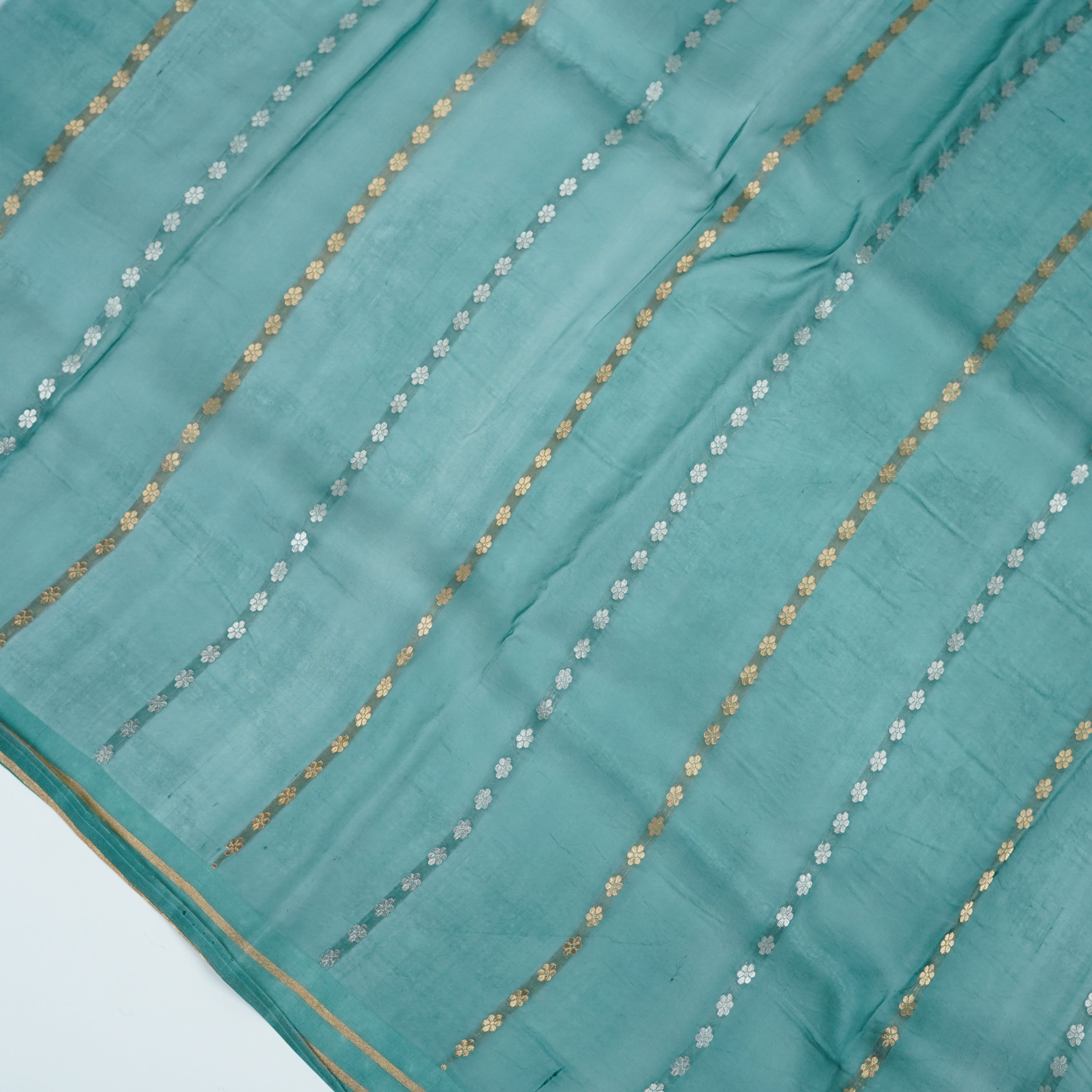 Emerald Deep Green - Pure Organza Banarasi Saree with light Golden silver Zari Booti