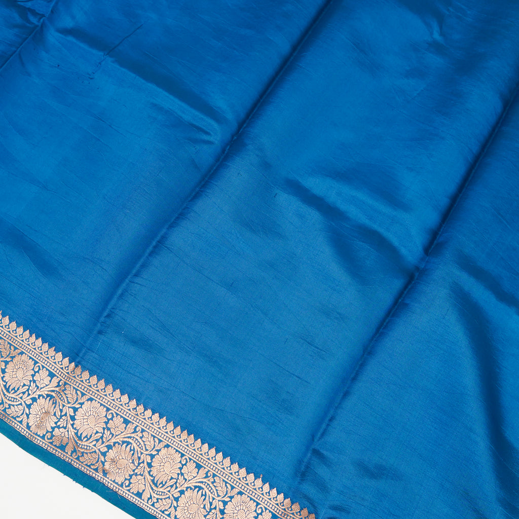German Blue Contrast with lavender border - Pure Banarasi silk Saree with small golden and silver booti