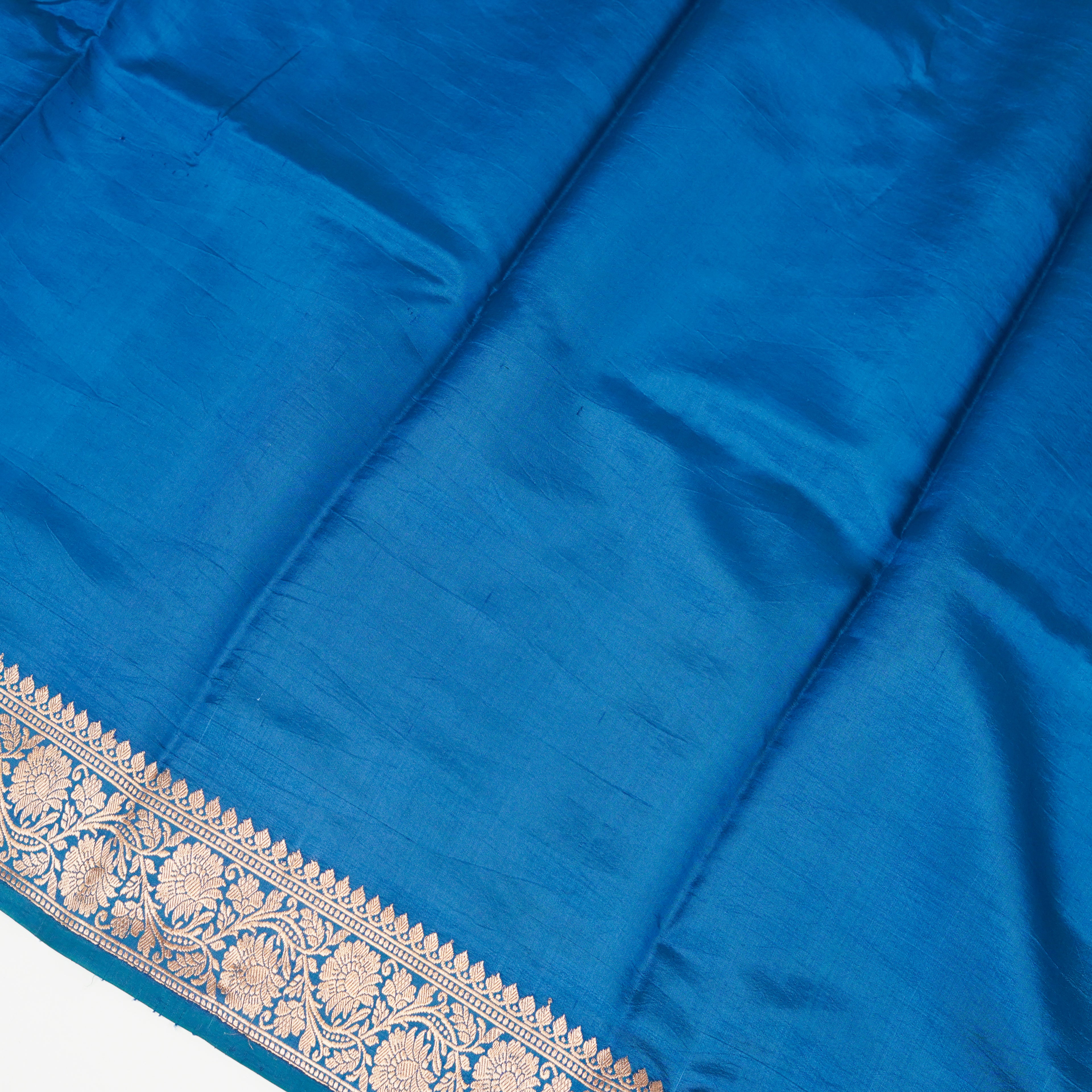 German Blue Contrast with lavender border - Pure Banarasi silk Saree with small golden and silver booti