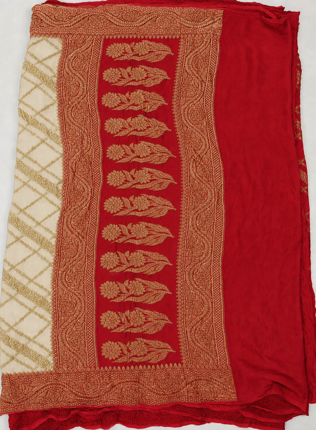 Ivory contrast with Classic Red- Pure Khaddi Chiffon Georgette Silk Banarasi Saree