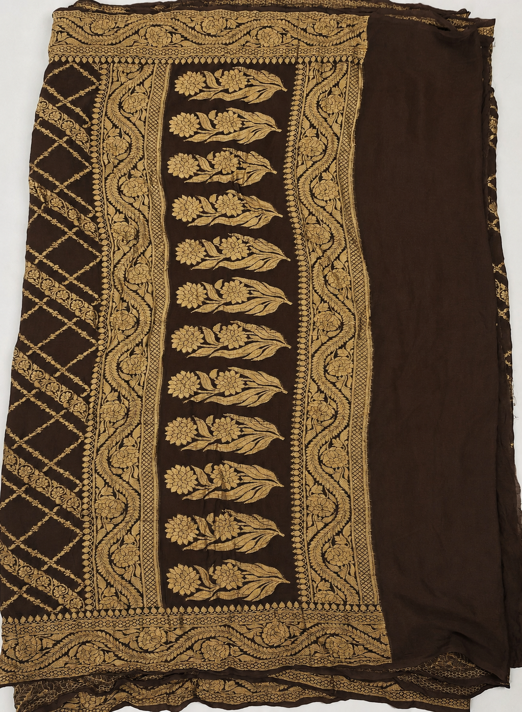 Chocolate - Pure Khaddi Chiffon Georgette Silk Banarasi Saree
