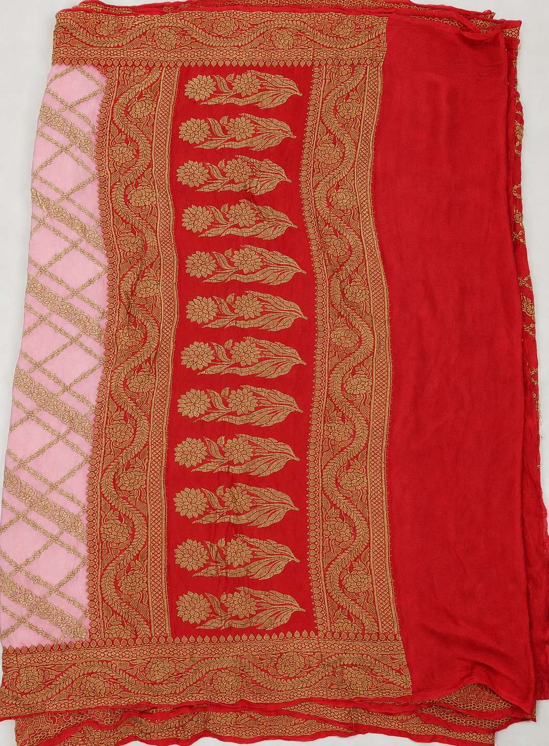 Baby Pink contrast with Golden Red - Pure Khaddi Chiffon Georgette Silk Banarasi Saree