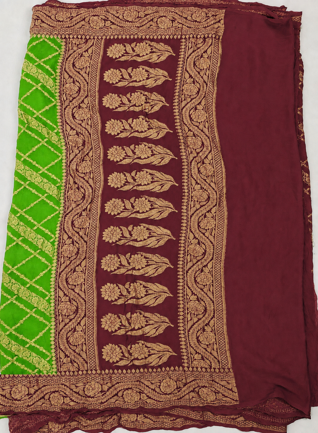 Parrot Green contrast with Wine - Pure Khaddi Chiffon Georgette Silk Banarasi Saree
