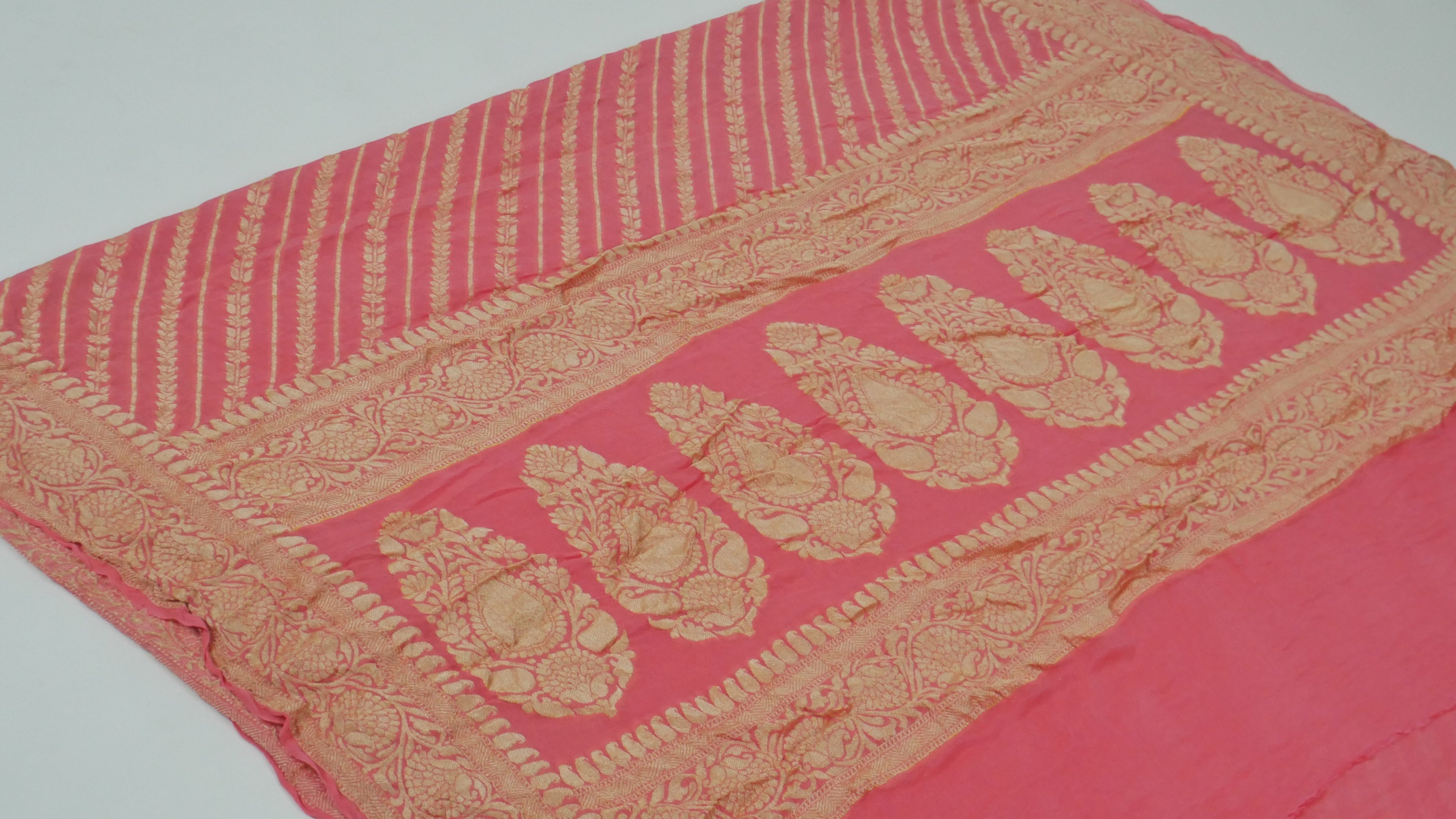 Peach - Pure Khaddi Chiffon Georgette Silk Banarasi Saree
