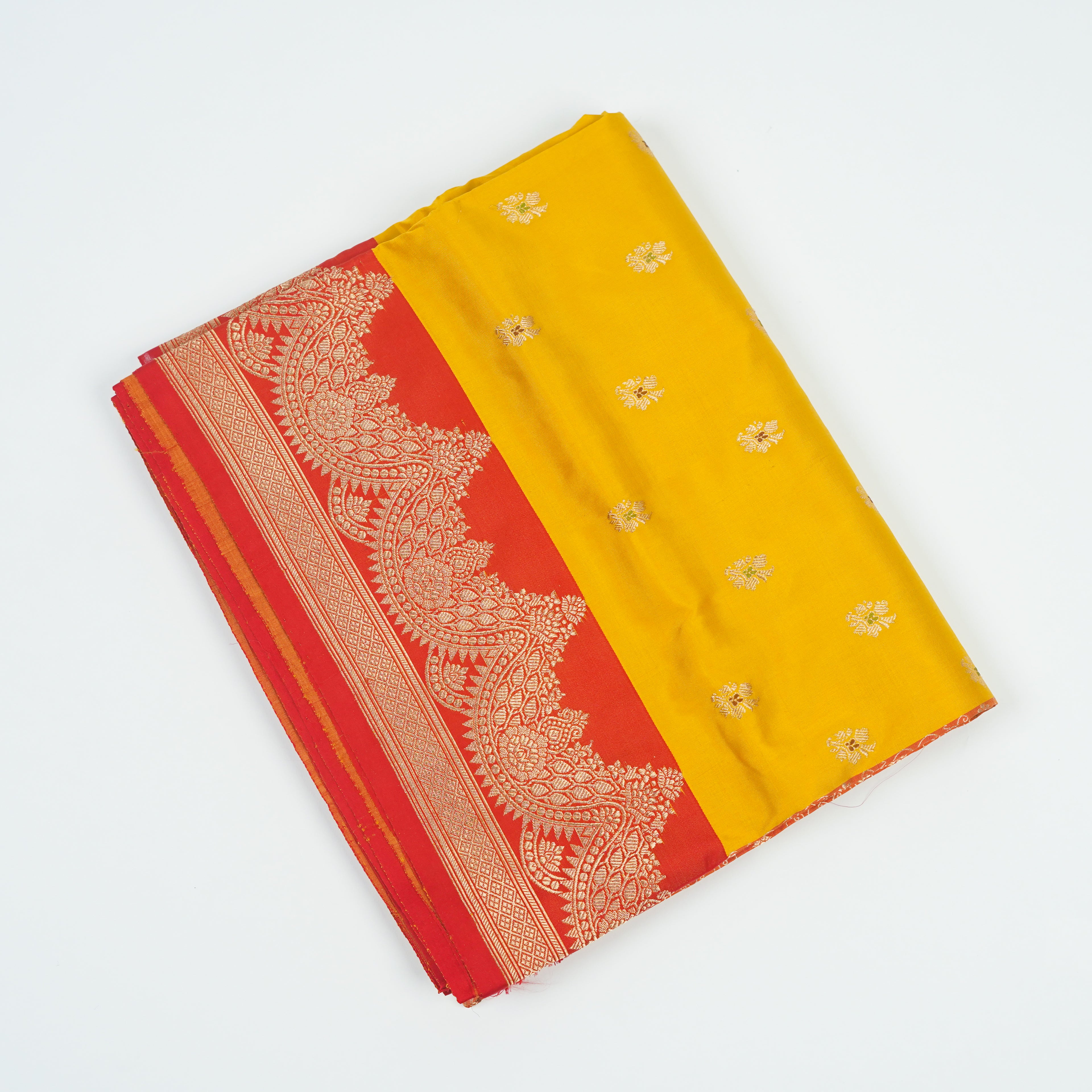 Yellow contrast with Red - Pure Soft premium Katan Silk Banarasi Saree with Alfi small Booti and contrast Satin Border