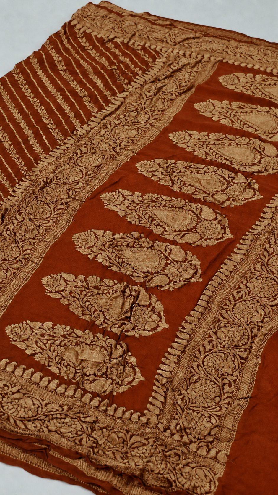 Rust Orange - Pure Khaddi Chiffon Georgette Silk Banarasi Saree