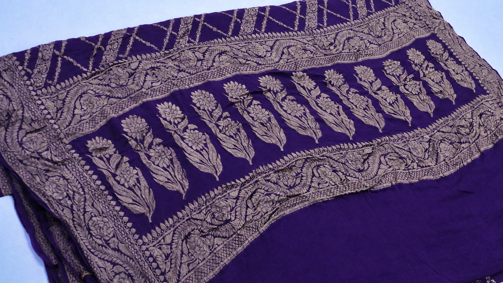 Purple - Pure Khaddi Chiffon Georgette Silk Banarasi Saree