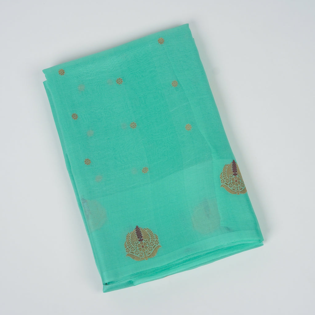 Sea Green - Pure Organza Banarasi Saree with Satin Border containing Alfi Golden Boota