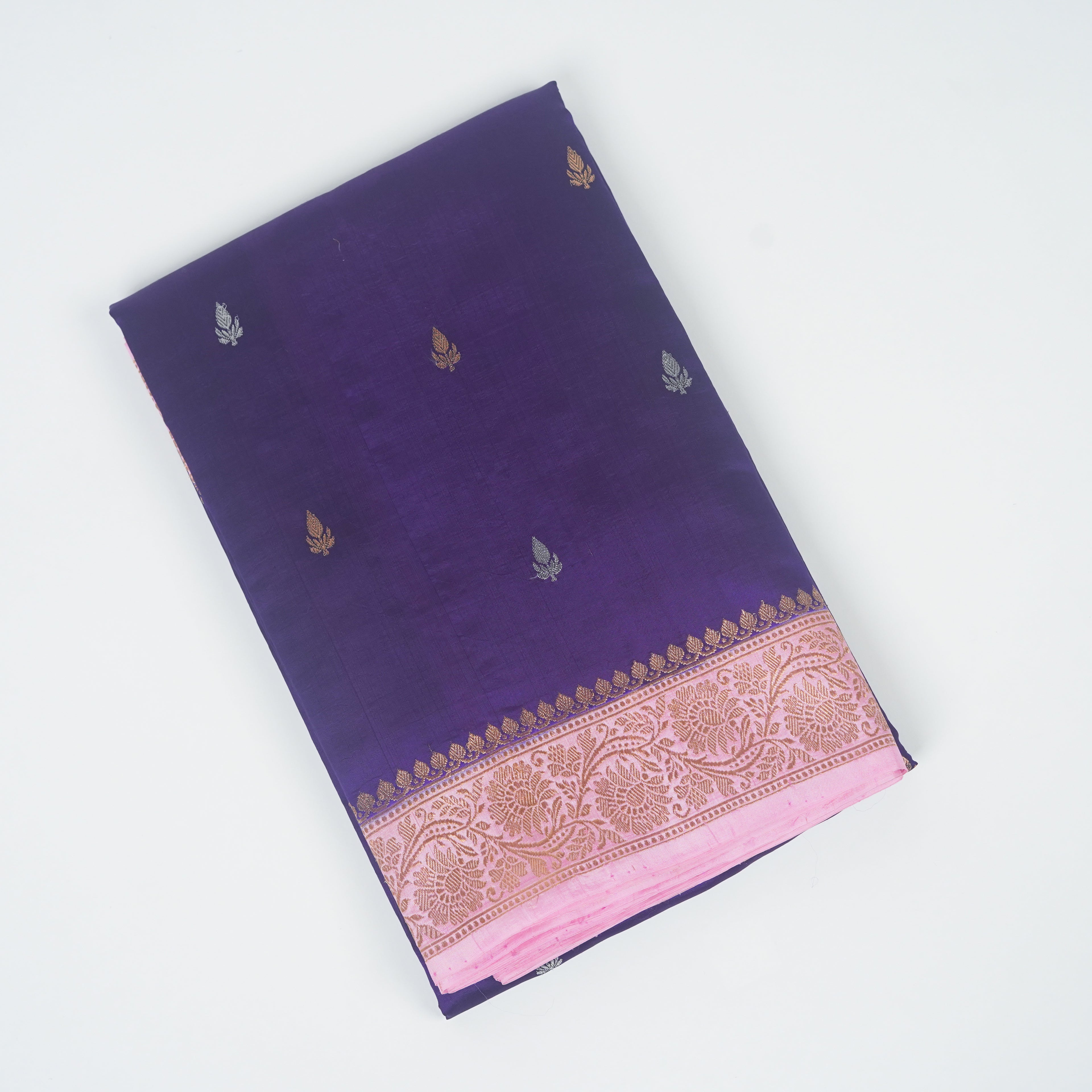 Purple Contrast with baby pink border - Pure Raw Mango Banarasi Saree with Goldenand silver Booti Motifs