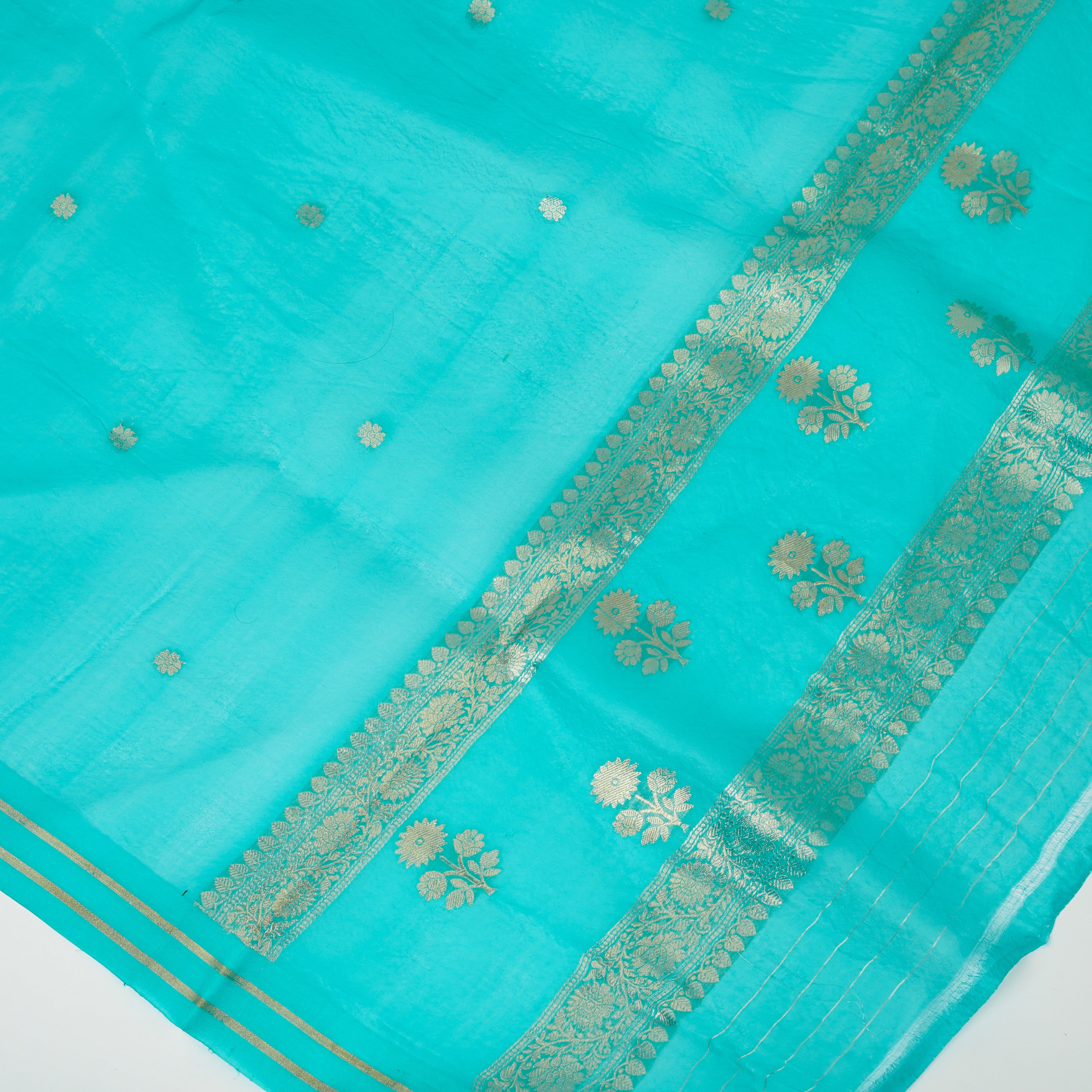 Yellow Banarasi Handloom Luxury Suit set contrast with Aqua Teal Green color.