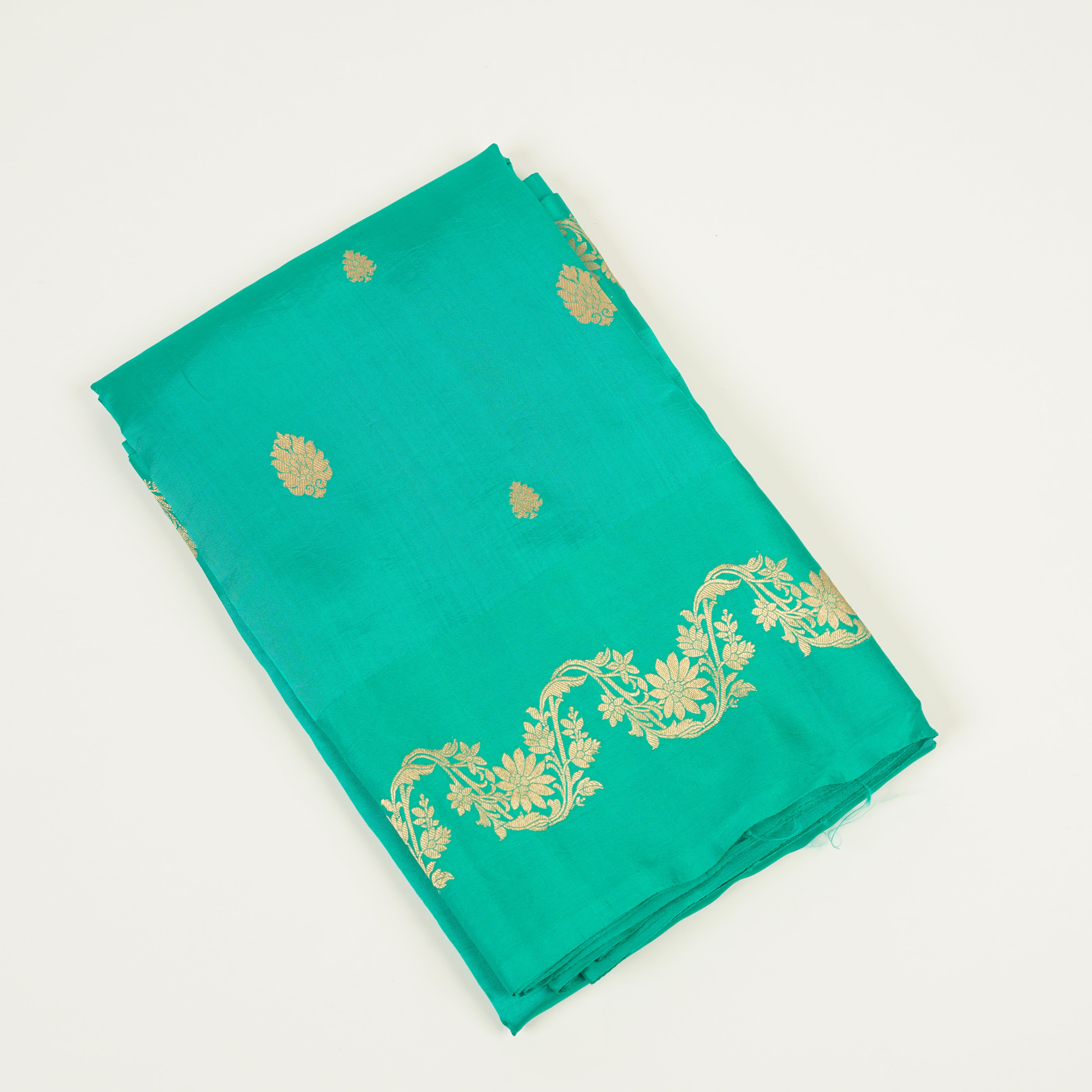 Green - Pure Raw Mango Banarasi Saree with Golden Boota Motifs and Laheria Design at Satin Border