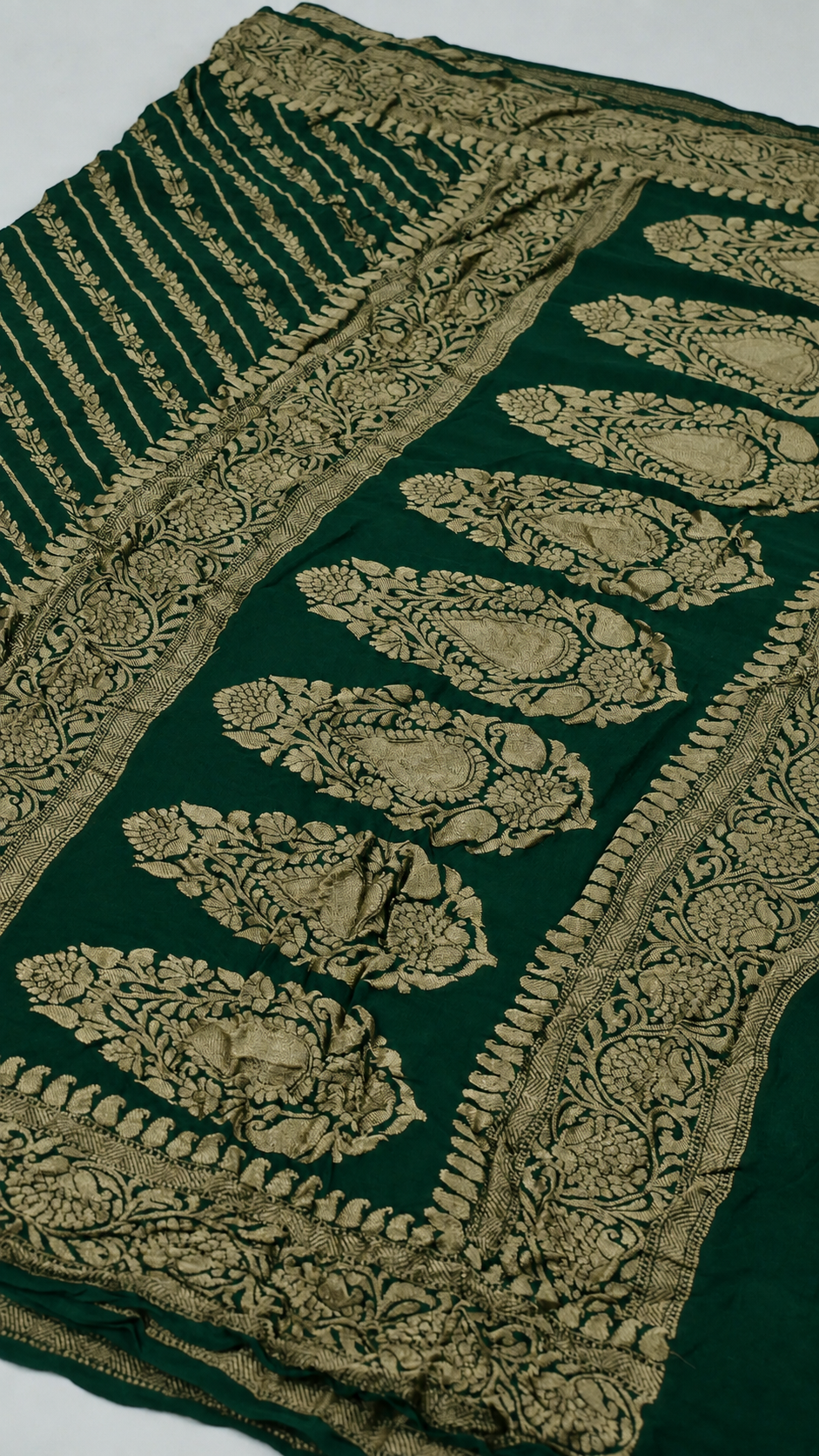 Deep Green - Pure Khaddi Chiffon Georgette Silk Banarasi Saree
