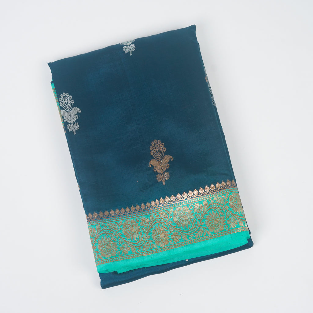 Dark Rama Contrast with Sea Green - Pure Raw Mango Banarasi Saree with Golden and silver Boota Motifs