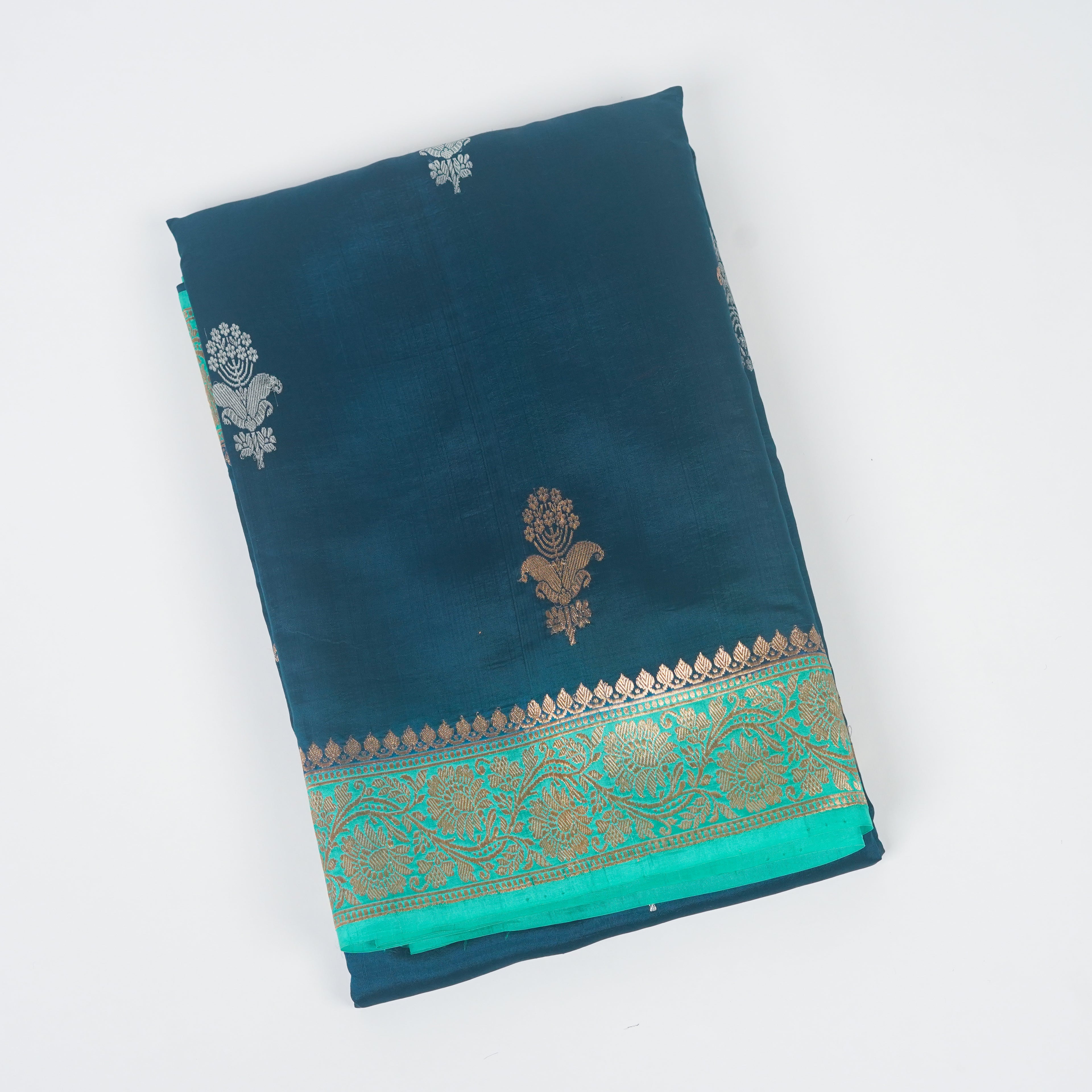 Dark Rama Contrast with Sea Green - Pure Raw Mango Banarasi Saree with Golden and silver Boota Motifs
