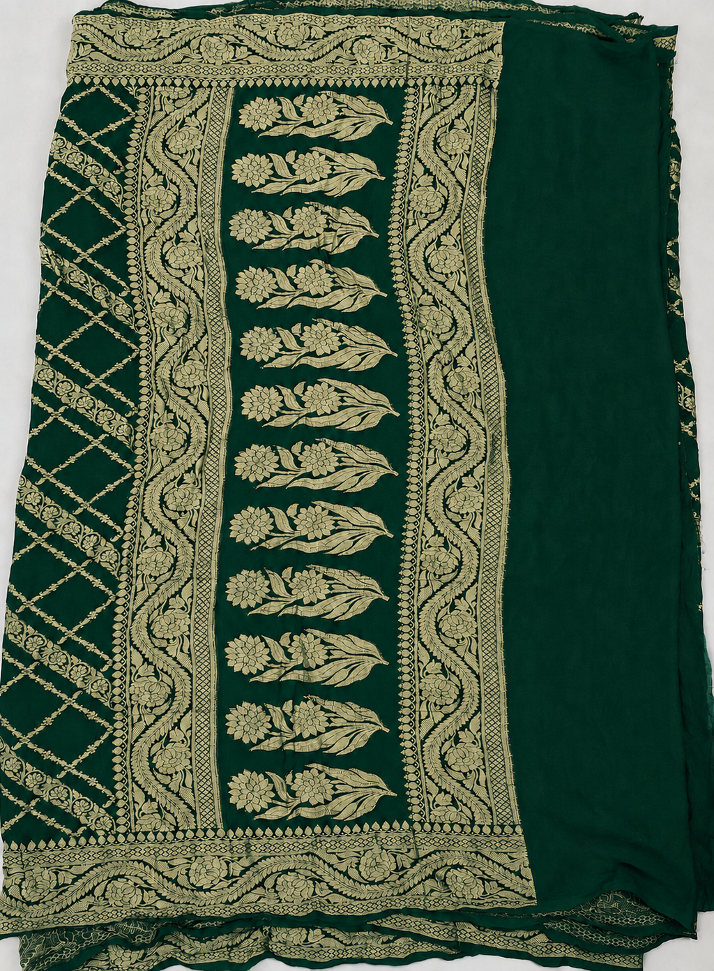 Bottle Green - Pure Khaddi Chiffon Georgette Silk Banarasi Saree