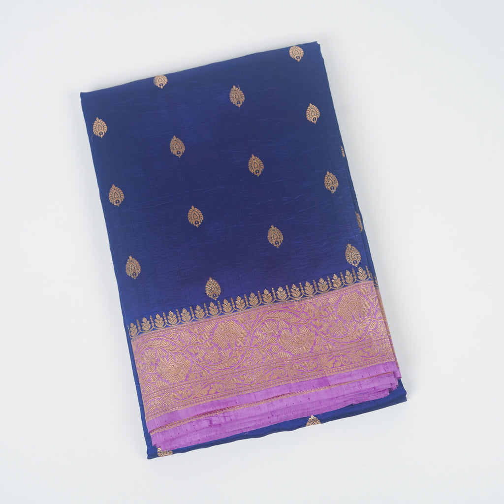 Navy Blue Contrast with lavender border - Pure Banarasi silk Saree with small golden booti