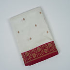 White Contrast with red border - Pure Katan Georgette Banarasi Saree with Satin Border and small golden zari booti