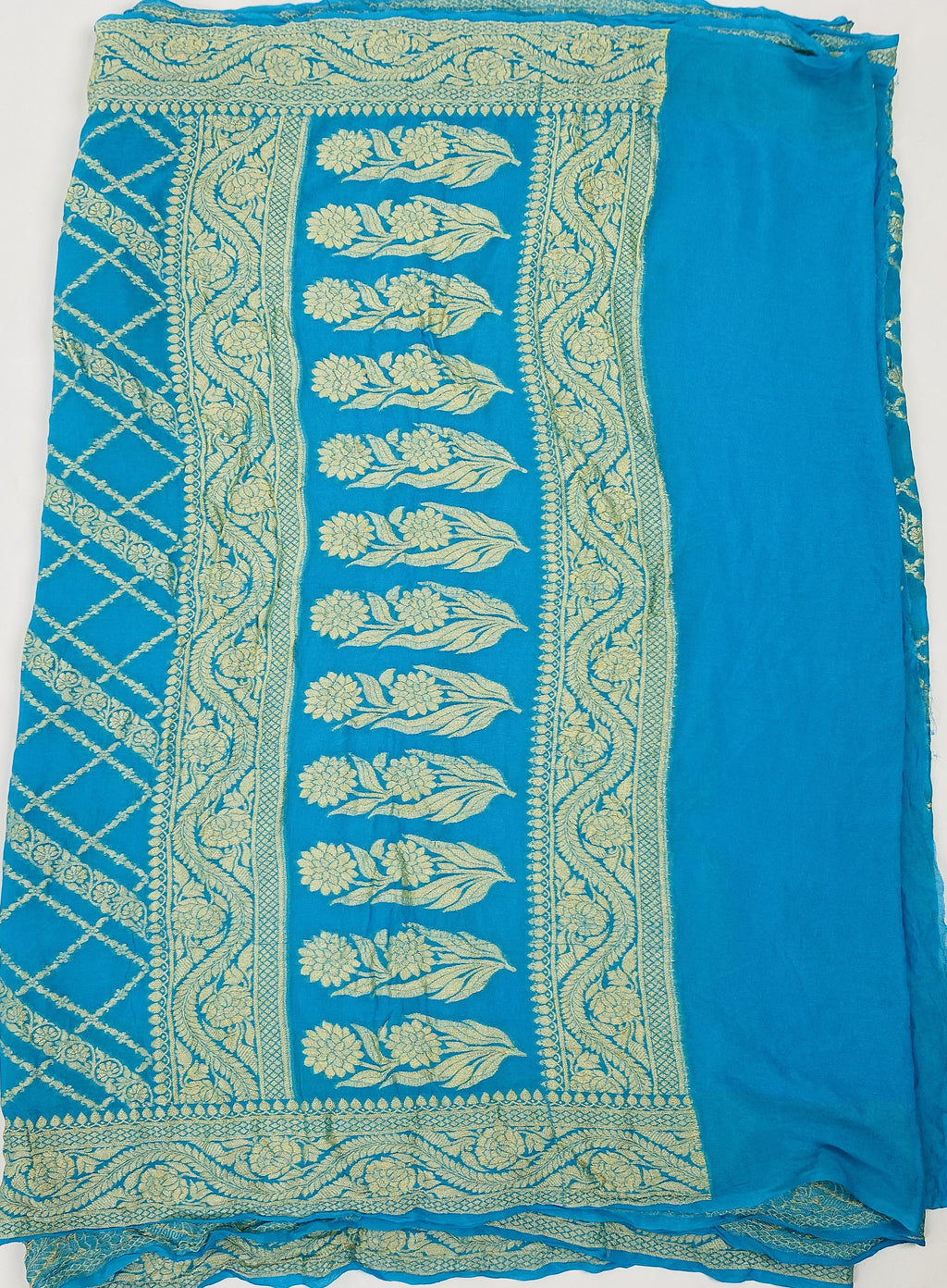 Sky Blue - Pure Khaddi Chiffon Georgette Silk Banarasi Saree