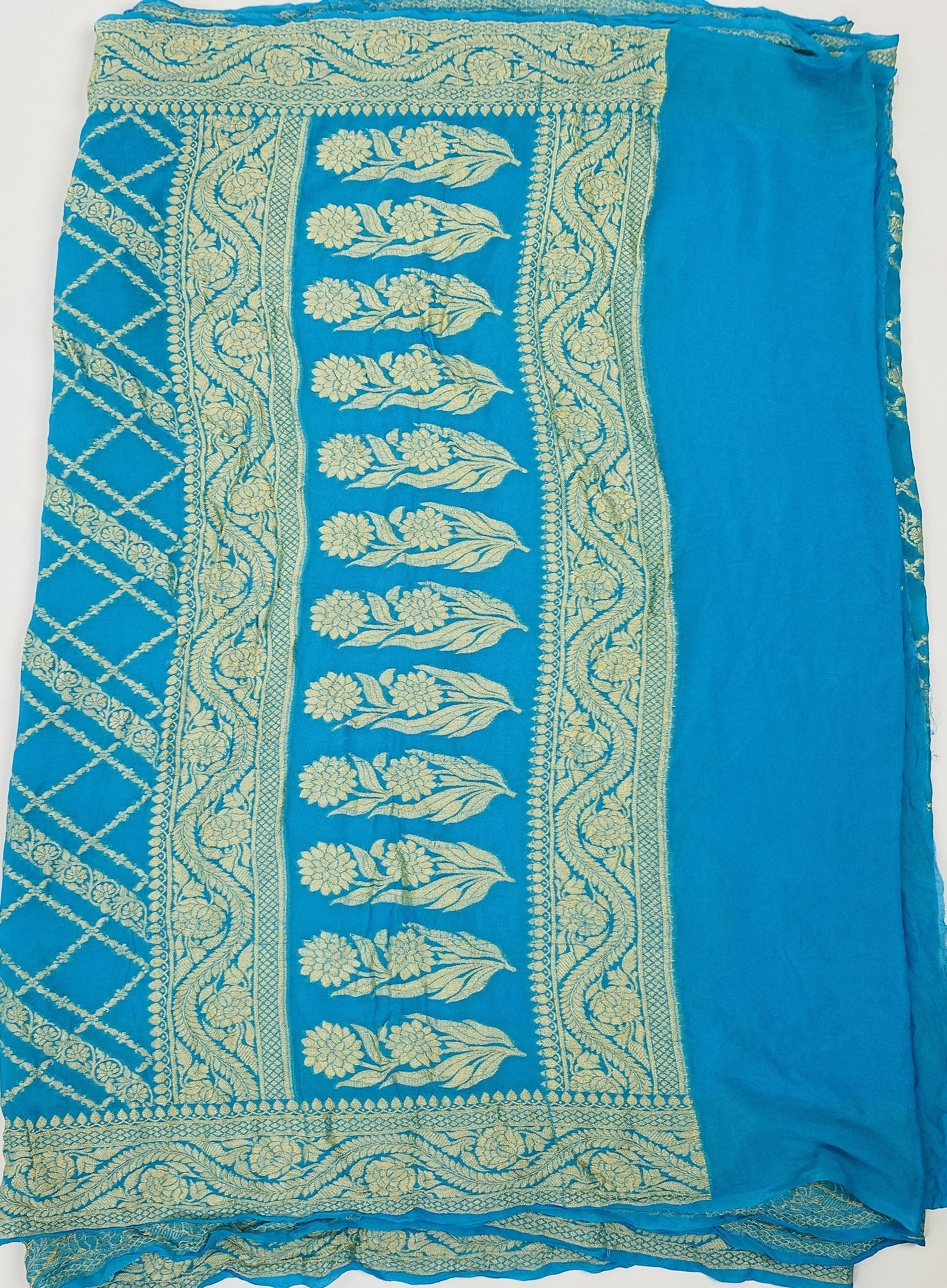 Sky Blue - Pure Khaddi Chiffon Georgette Silk Banarasi Saree