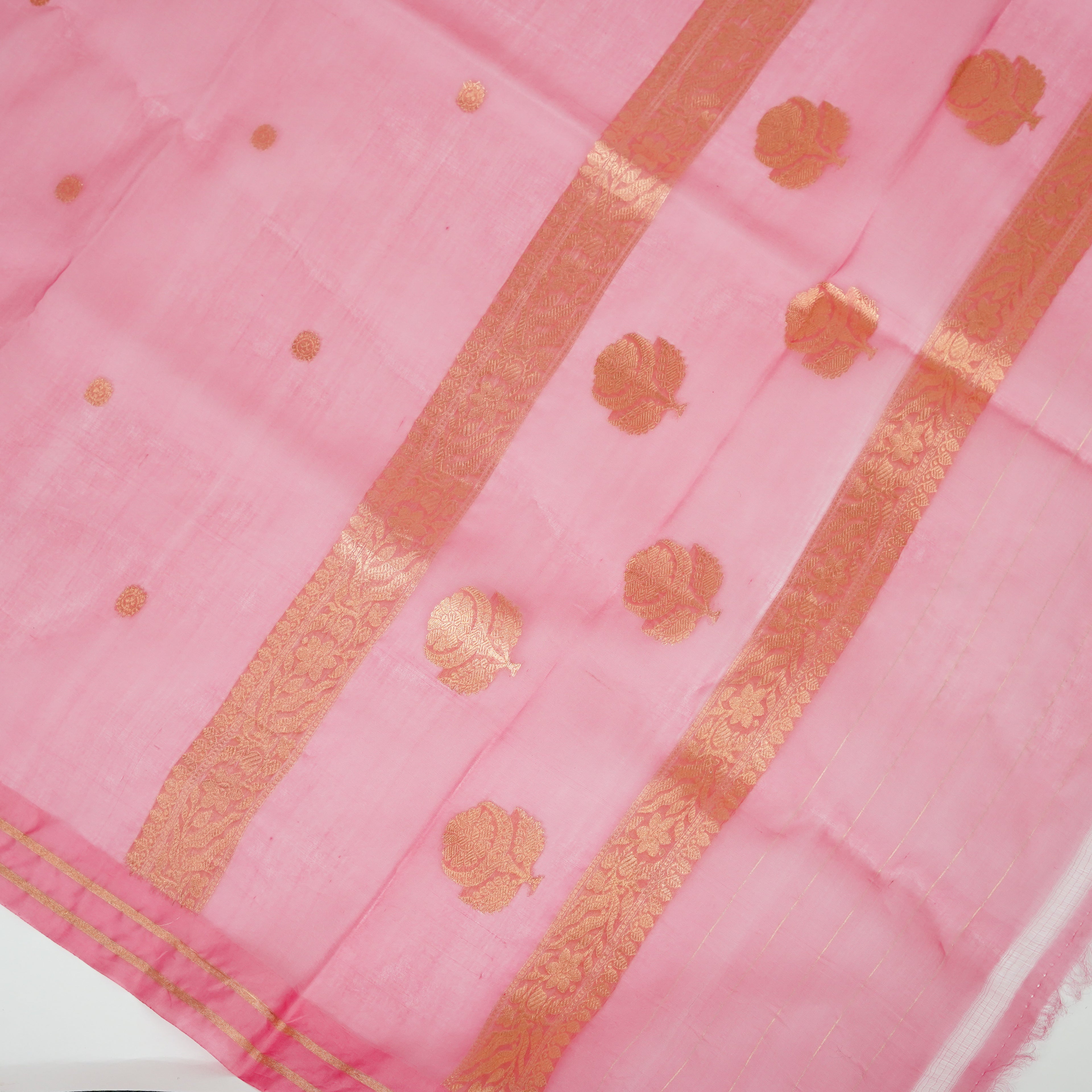 Yellow Banarasi Handloom Luxury Suit set contrast with Cherry pink color.